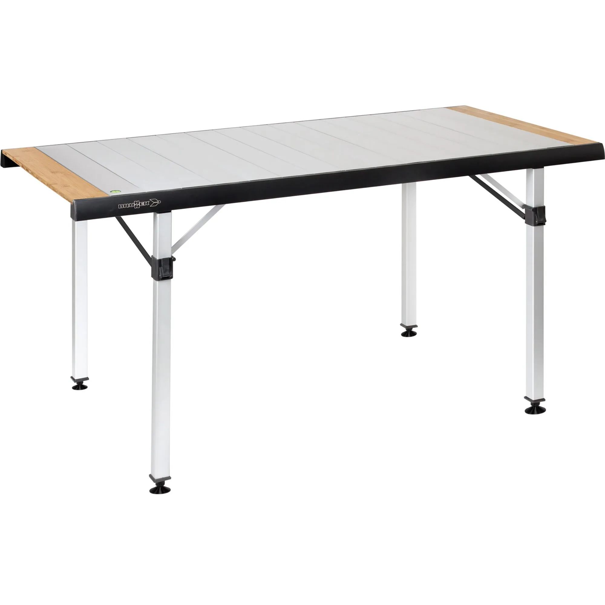 Campingtisch Quadra Tropic 6 Adjustar mit hellgrauer Tischplatte, Bambusoptik-Rändern und höhenverstellbaren weißen Beinen
