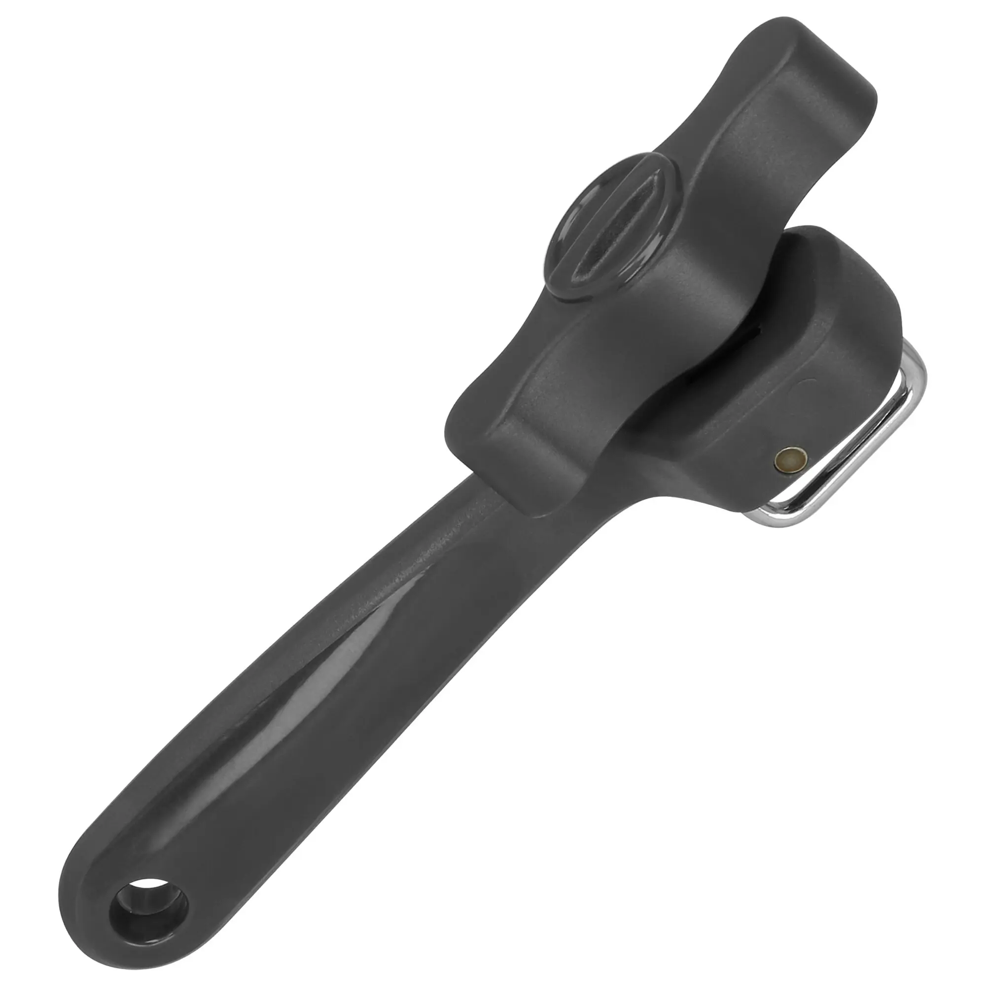 Detail eines schwarzen Dosenöffners mit silbernem Schneide-Rad, ergonomischem Griff und Aufhängeloch am Griffende