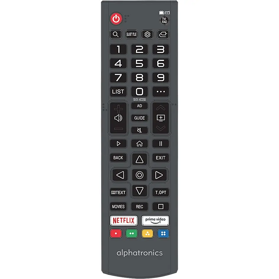 Fernbedienung in dunklem Gehäuse mit vielen Tasten, roter Powerknopf oben, Netflix- und Prime-Video-Symbole, Alphatronics-Logo unten