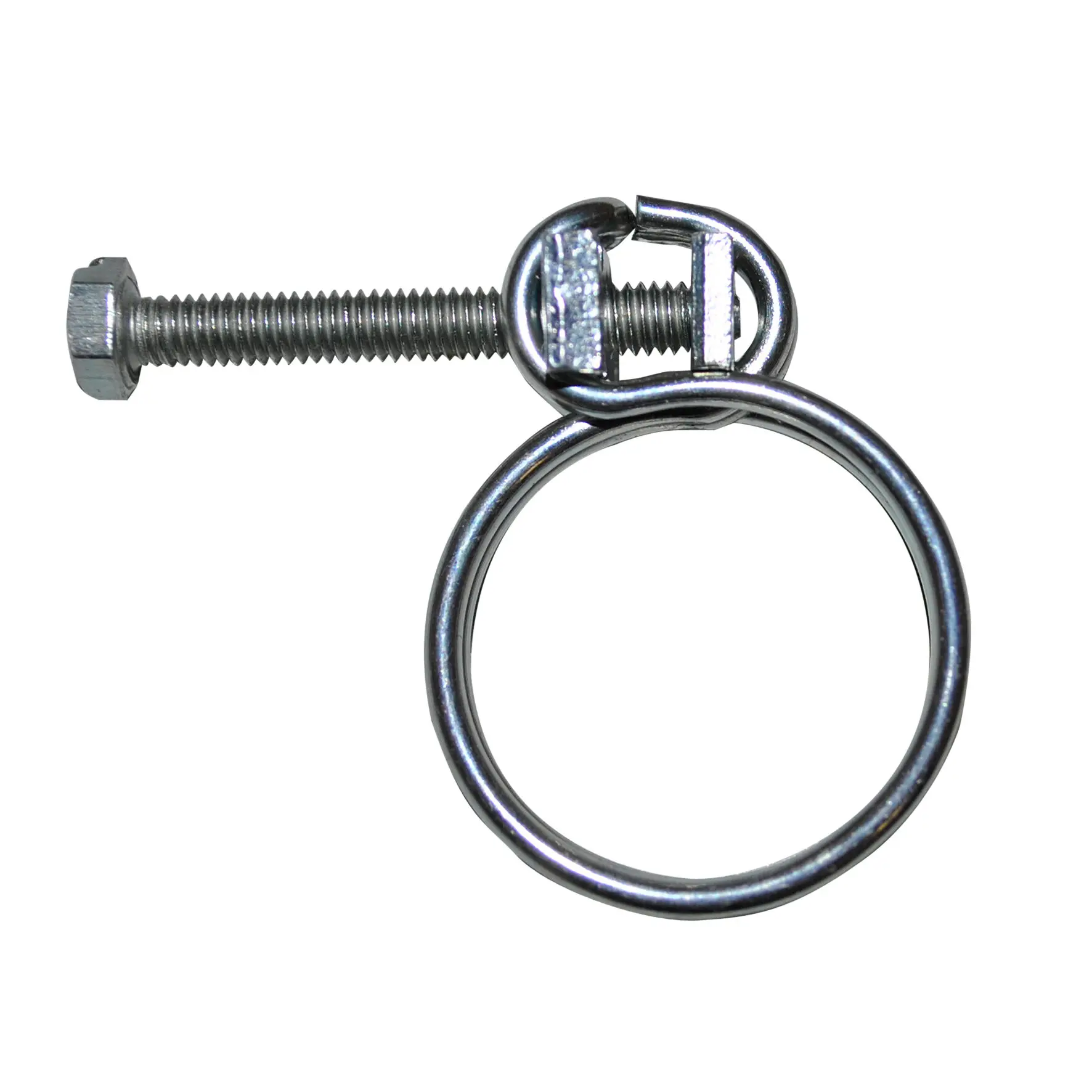 Detailaufnahme eines Metallbolzens mit Sechskantskopf und linker Mutter; um den Bolzen sitzt eine ringförmige Schlauchklemme aus Stahl