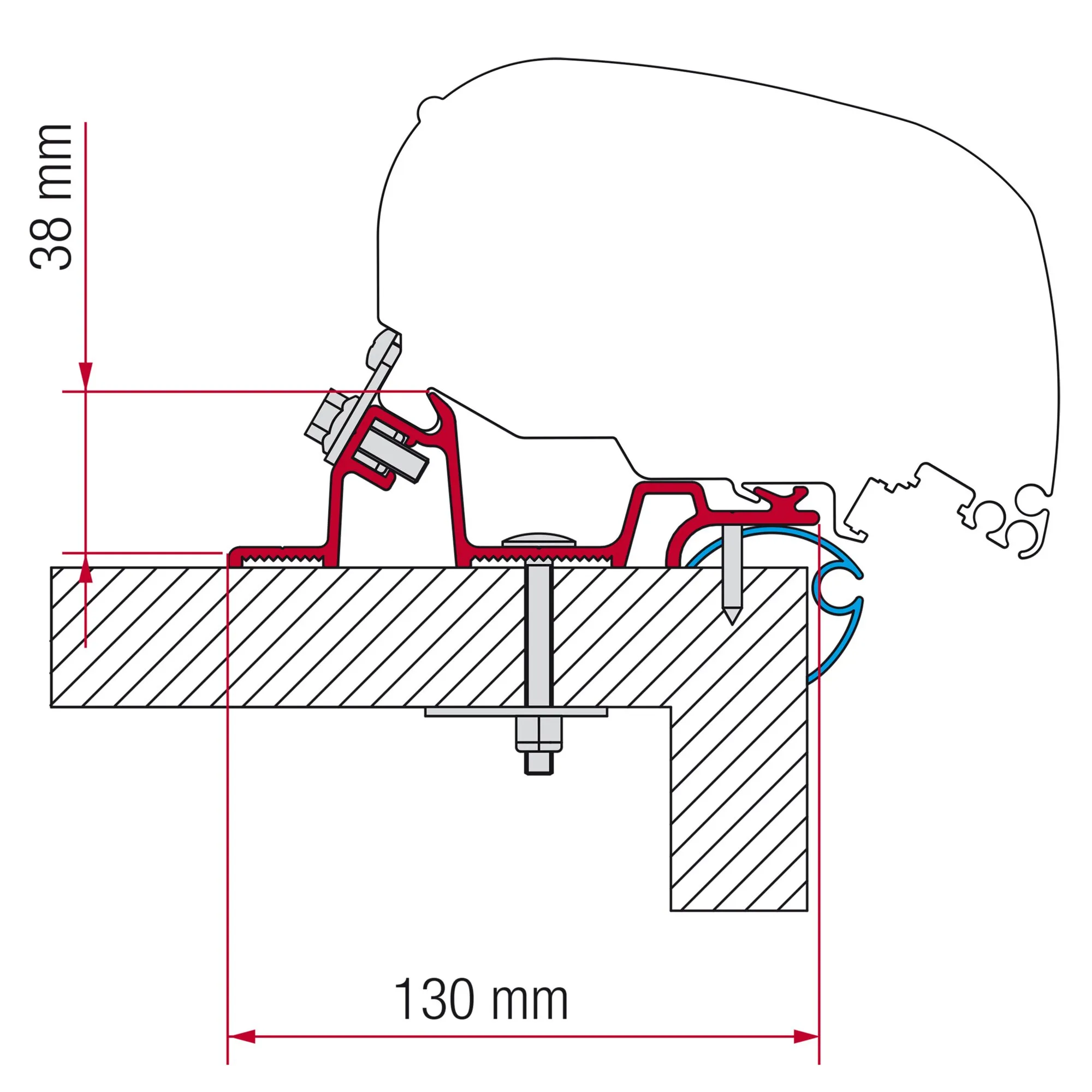 Technische Schnittzeichnung des Markisenadapter-Kits Caravan Standard mit Befestigung an der Fahrzeugwand, 38 mm Höhe und 130 mm Breite