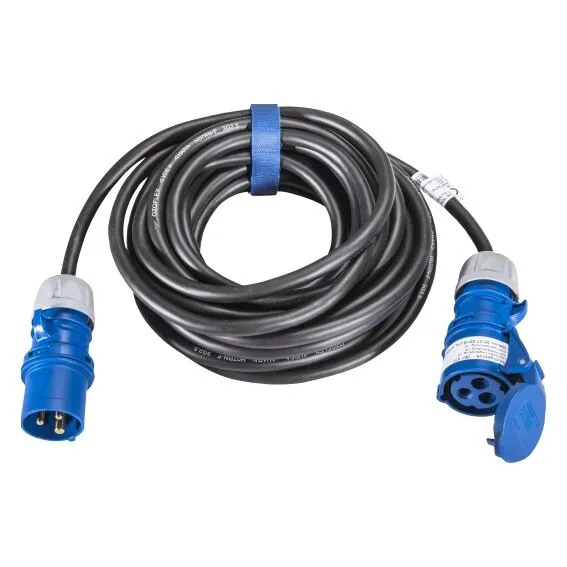 Schwarze CEE-Verlängerung mit 25 Meter langem Kabel, blauem Stecker und Kupplung, aufgewickelt mit Klettband fixiert
