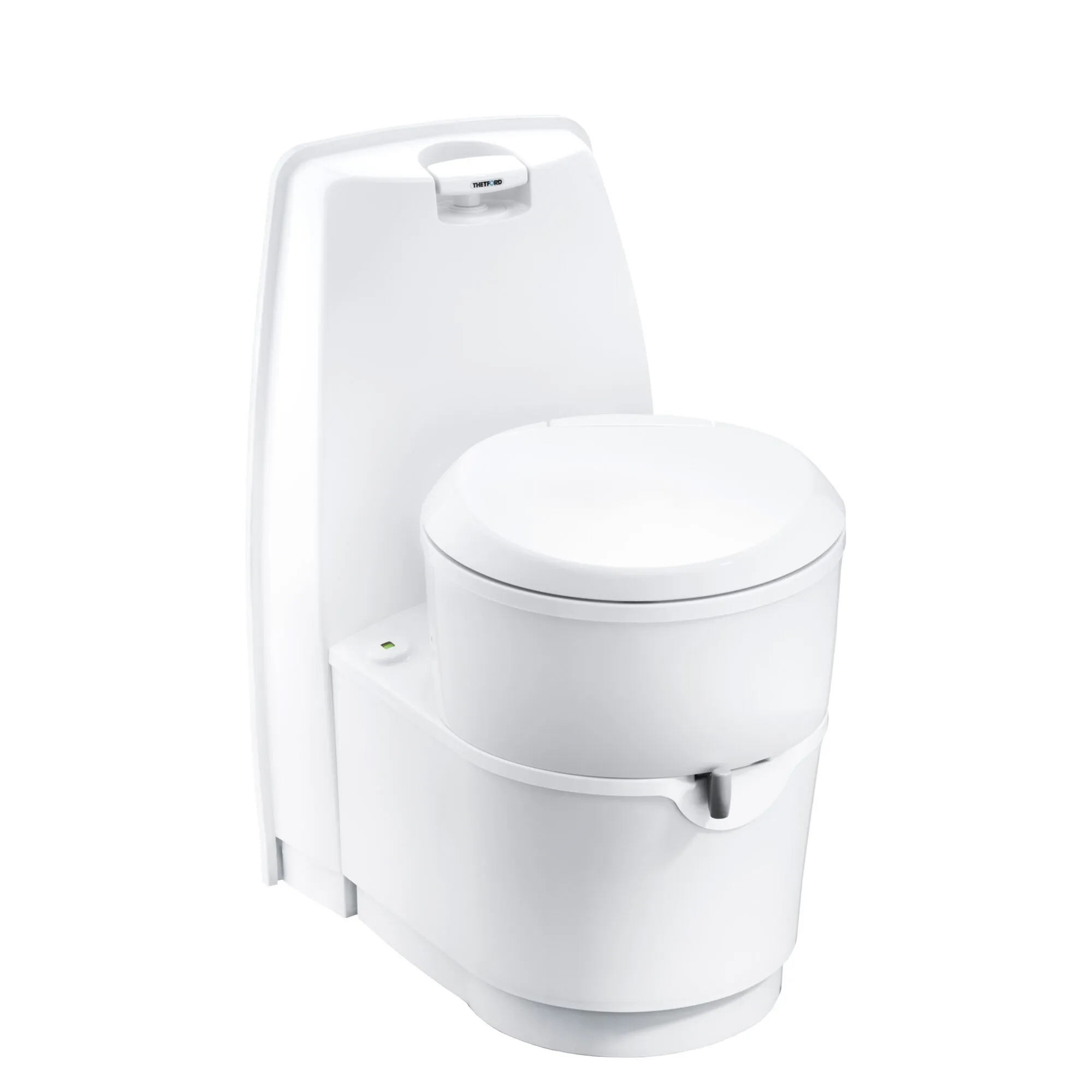 Weiße Cassettentoilette Thetford C220 Typ C224-CW in Frontansicht mit geschlossenem Deckel und Spültaste