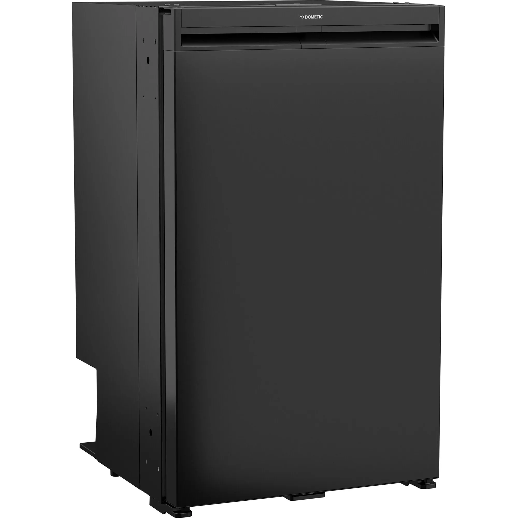 Schwarzer Dometic NRX 90V 12/24-Volt-Kühlschrank in Dreiviertelansicht mit glatter Tür und Griffmulde
