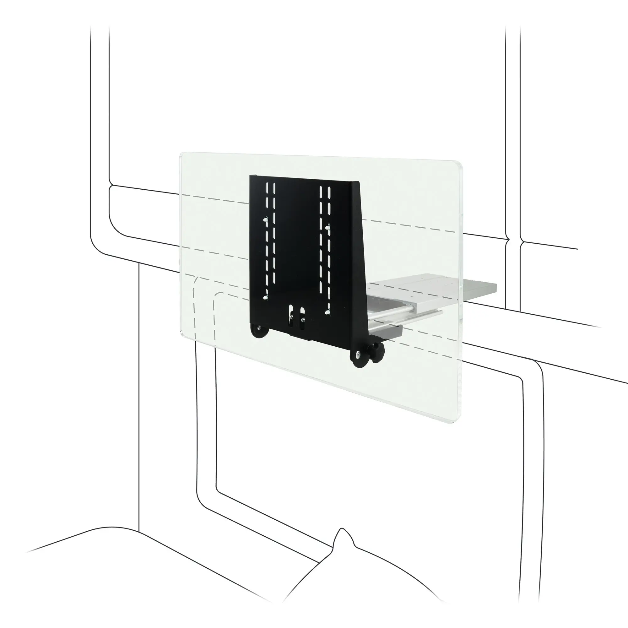 Technische Illustration eines TV-Auszuges im Oberschrank CFA103H: transparente Frontplatte mit Halterung, seitliche Schienen und Rollen