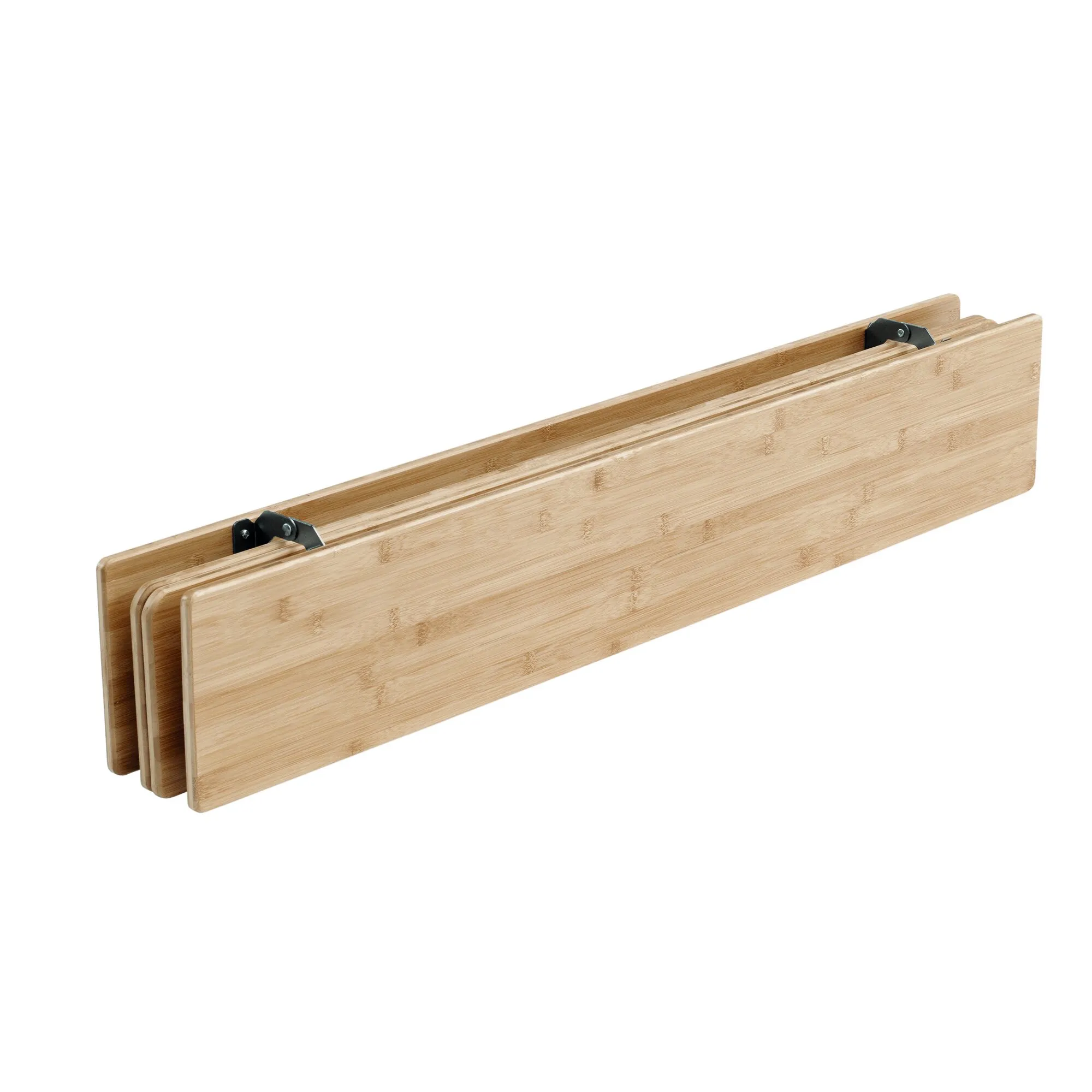 Zusammengeklappter Bambustisch Custer in heller Holzoptik mit sichtbaren schwarzen Klappbeschlägenburugburu
