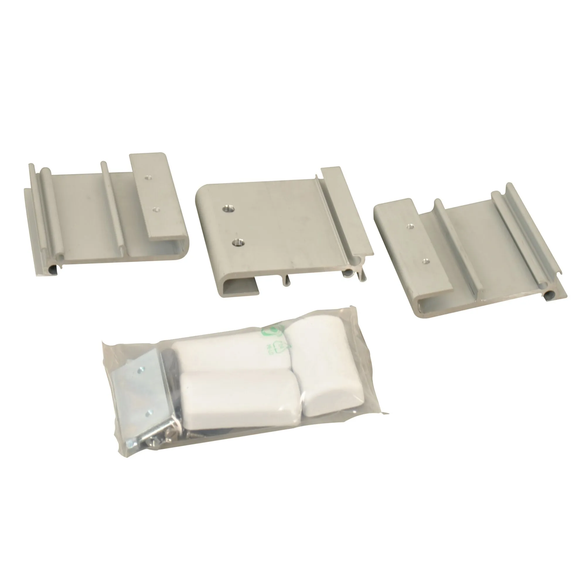 Beige Markisenadapter-Kit für Caravan-F45 mit mehreren Profilteilen, Bohrungen und Befestigungselementen in Verpackung
