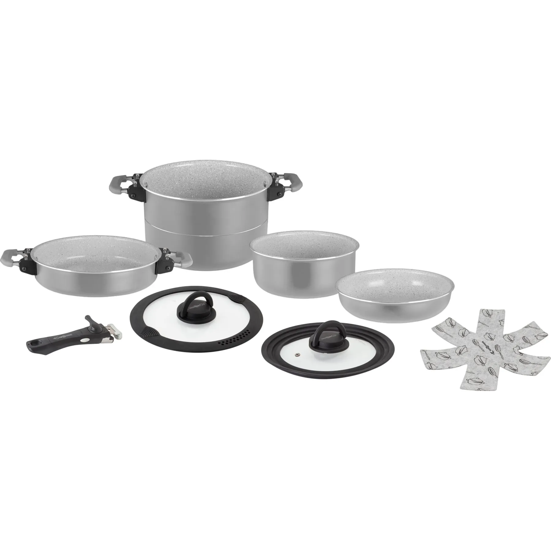 Topfset Fusion 7 + 1 in Grau mit vier Töpfen, zwei Glasdeckeln, abnehmbarem Griff und Untersetzern