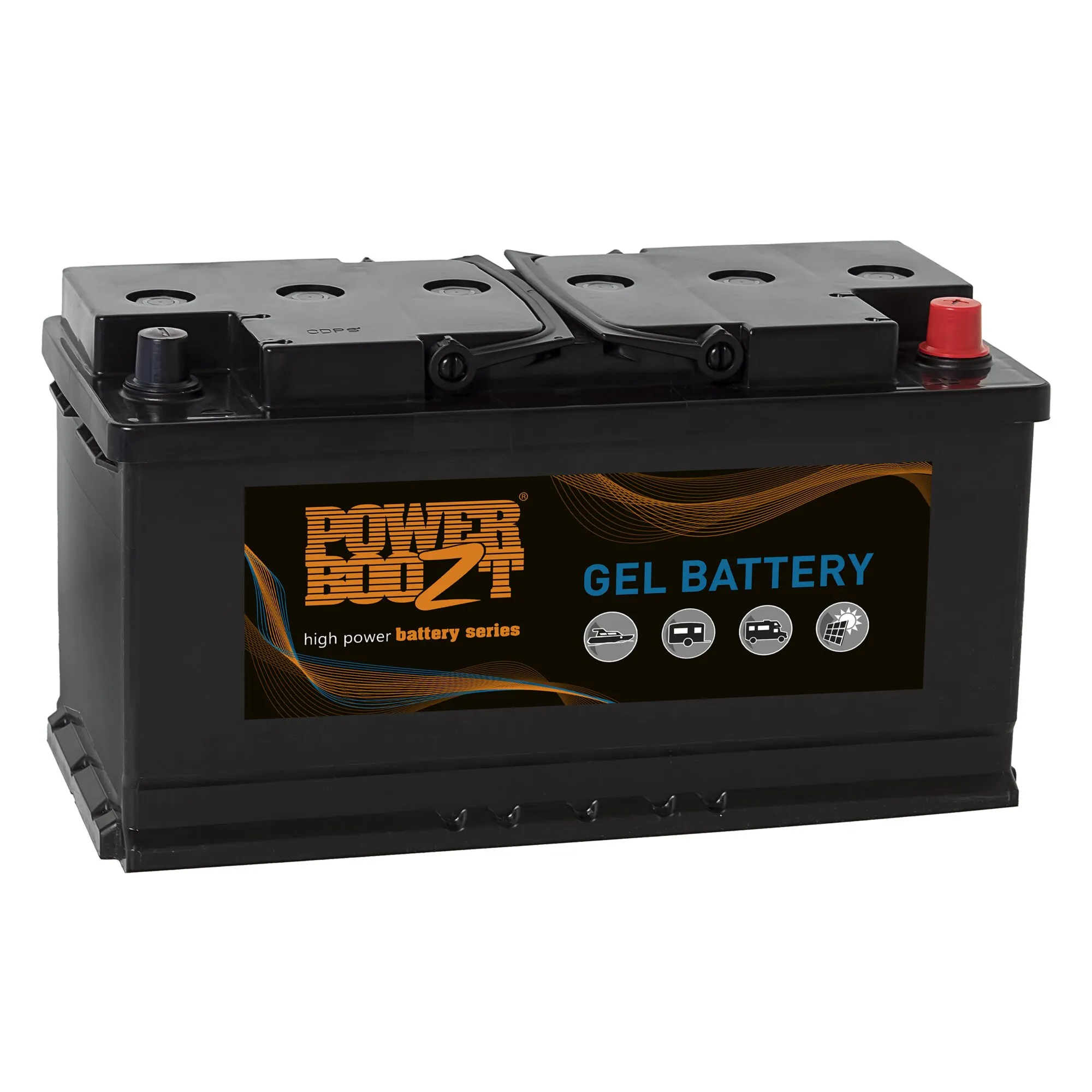 Schwarze Powerboozt Gel-Batterie mit zwei Anschlüssen und sechs sichtbaren Verschlusskappen auf weißem Hintergrund