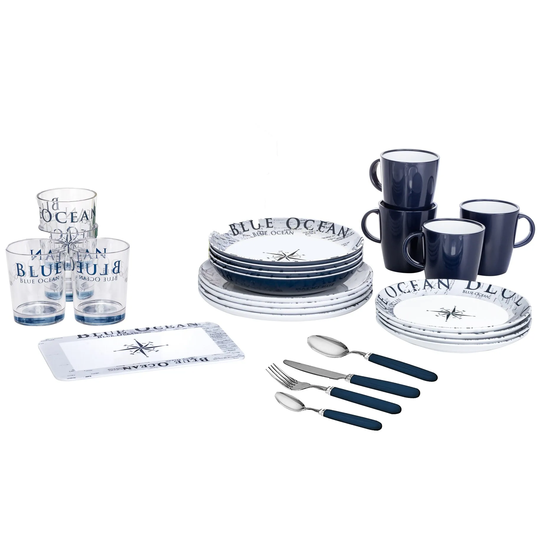 37-teiliges Geschirrset Blue Ocean in Weiß und Dunkelblau mit Gläsern, Tassen, Tellern, Servierplatte und Besteck
