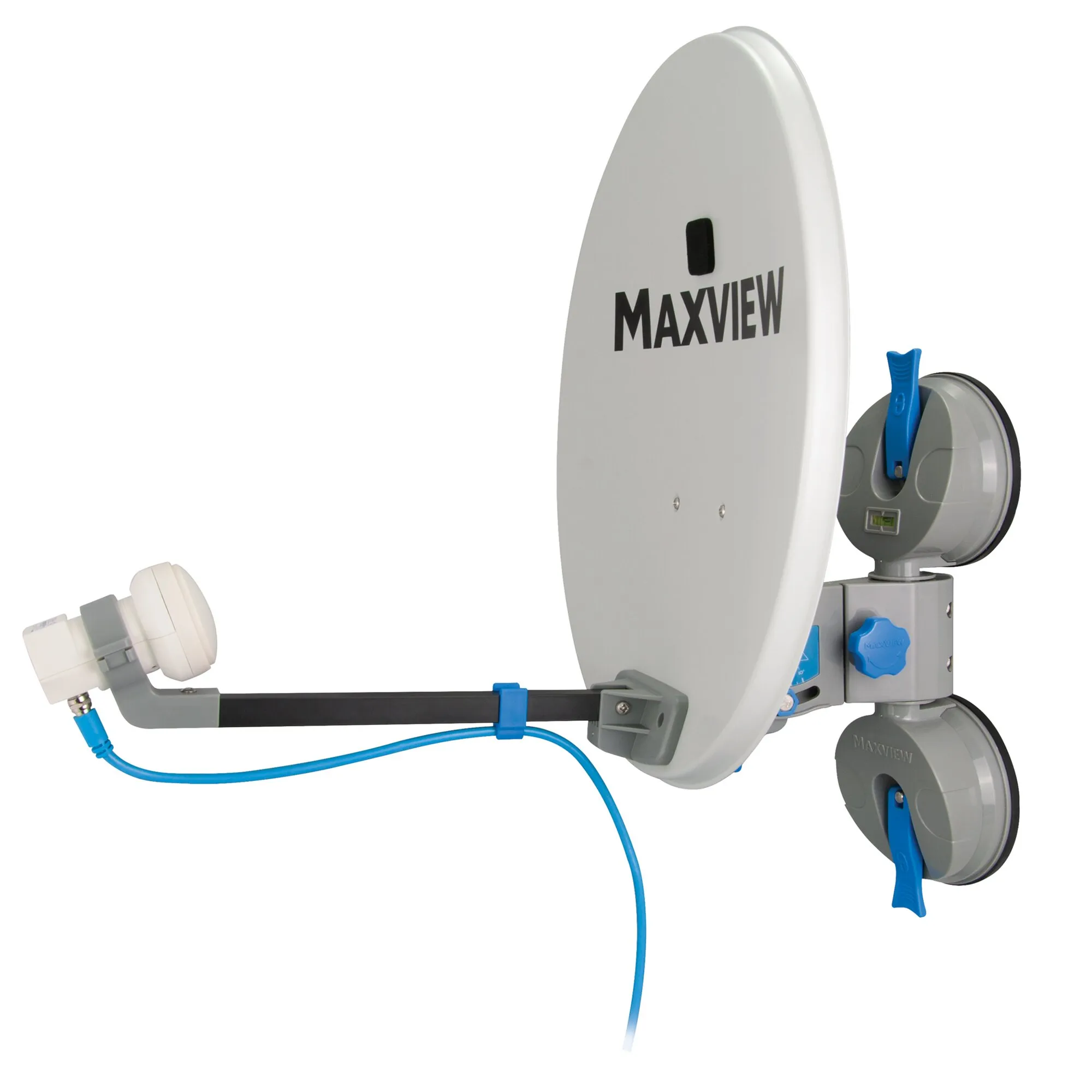 Weiße ovale Sat-Anlage Remora 40 von Maxview mit LNB, blauem Kabel und Saugnapfhalterungen geschniegelt