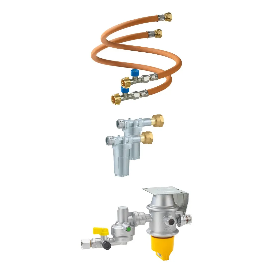 Caramatic DriveTwo Set, horizontale Sicherheits-Gasdruck-Regelanlage mit zwei orangefarbenen Schlauchleitungen und silbernen Reglern