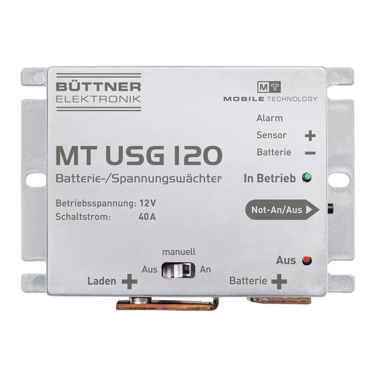 Batterie- und Spannungswächter MT USG 120 von Büttner Elektronik mit 12 V, 40 A, Statusanzeigen und manuellem Schalter
