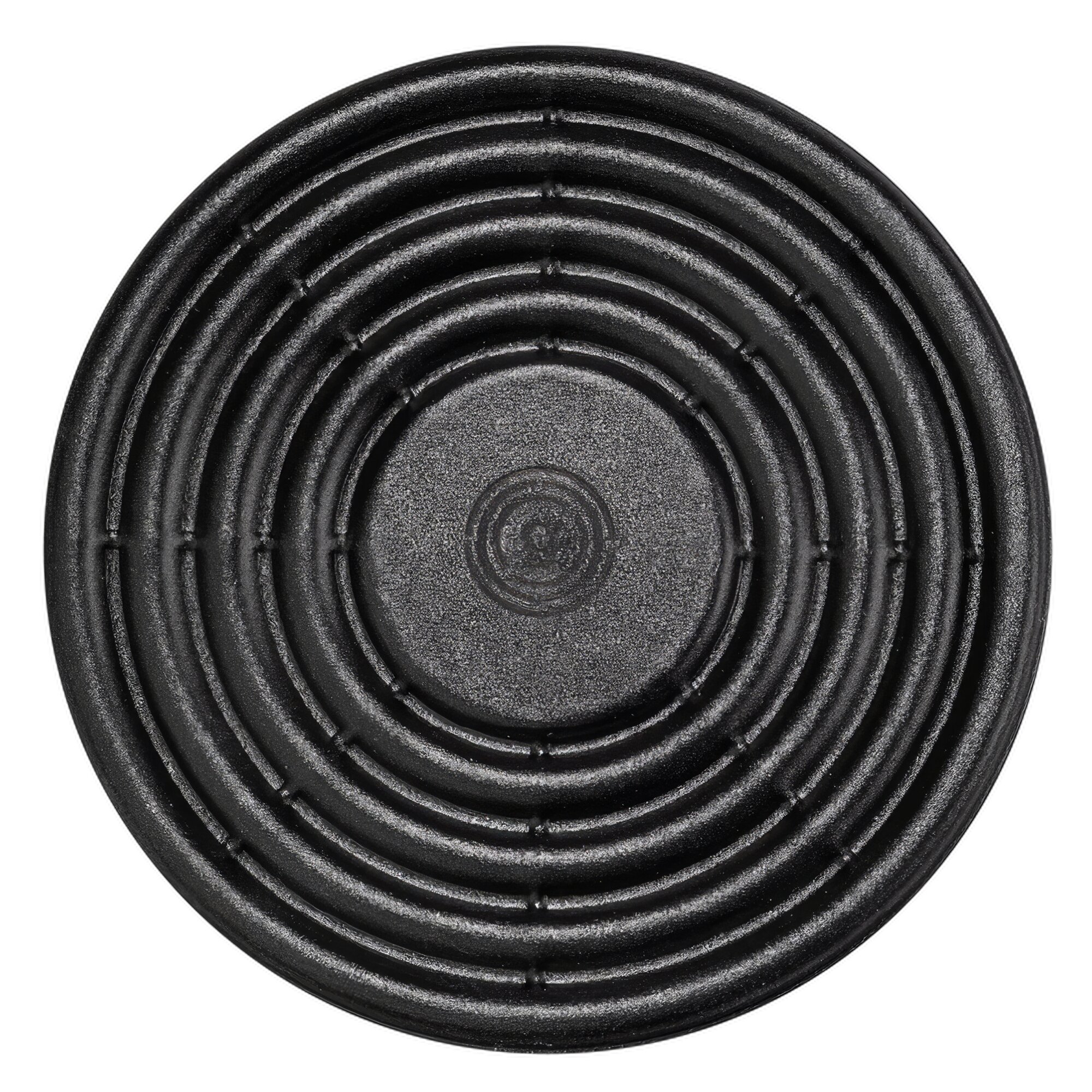 Nahaufnahme eines schwarzen, runden MagUp-Pad mit konzentrischen Rippen und rauer Oberfläche, Durchmesser 4–10 cm