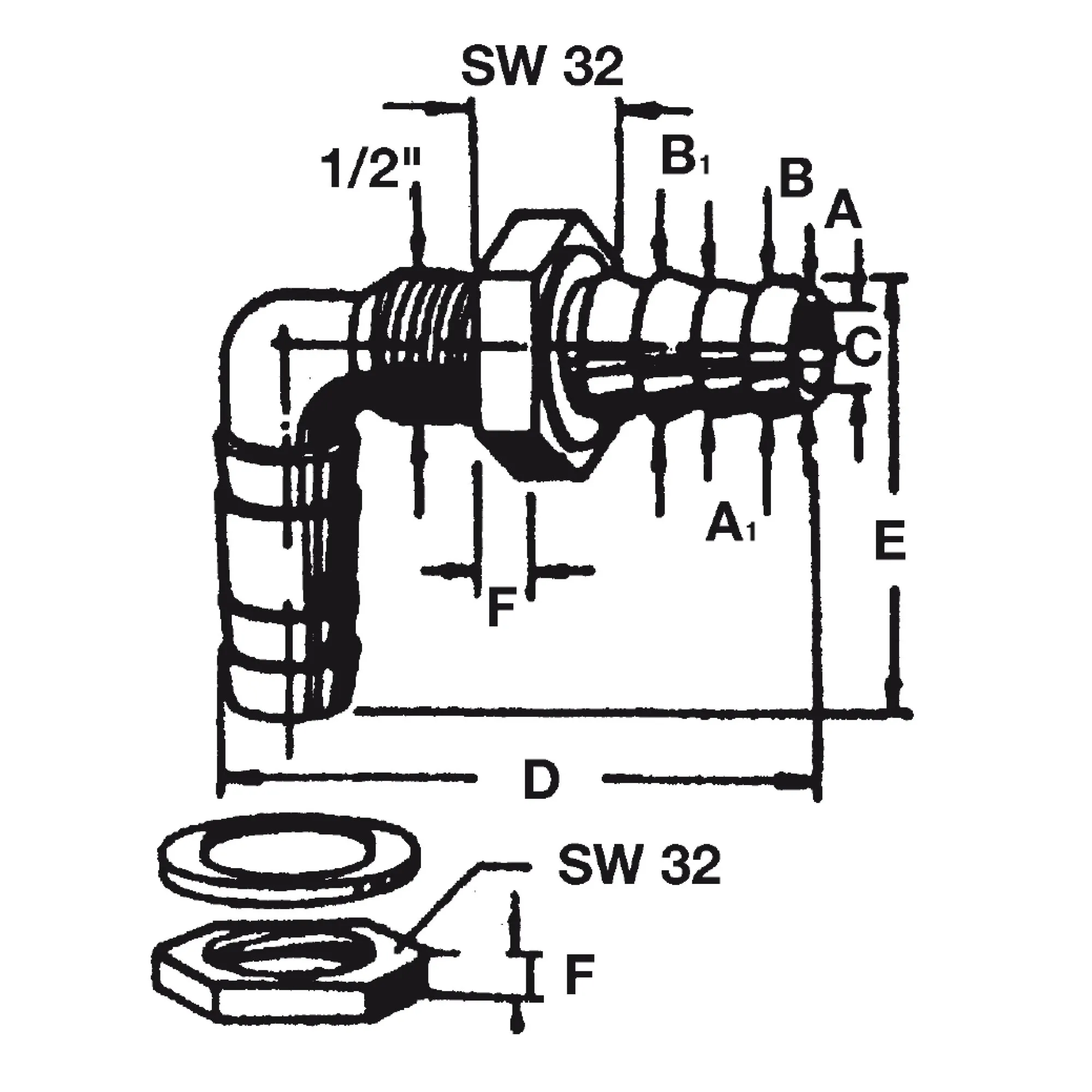 Technische Maßzeichnung des Winkel-Tankanschlussteils 10/12 mm mit 1/2-Zoll-Anschluss, SW 32 und Maßangaben A bis F