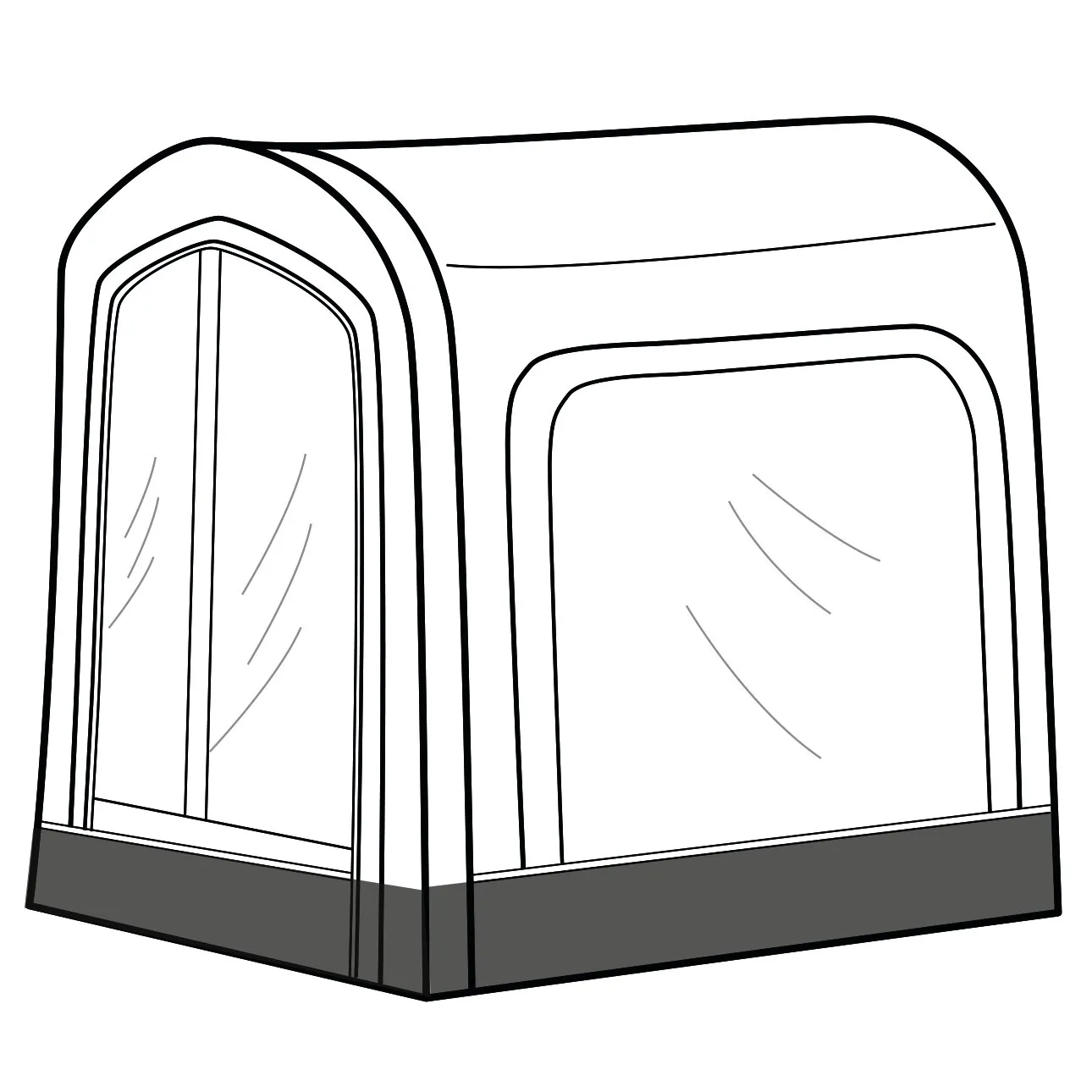 Anbau Eris für Vorzelte als freistehender Zeltanbau mit grauem Bodenstreifen, transparenten Fenstern und Eingang an der Vorderseite