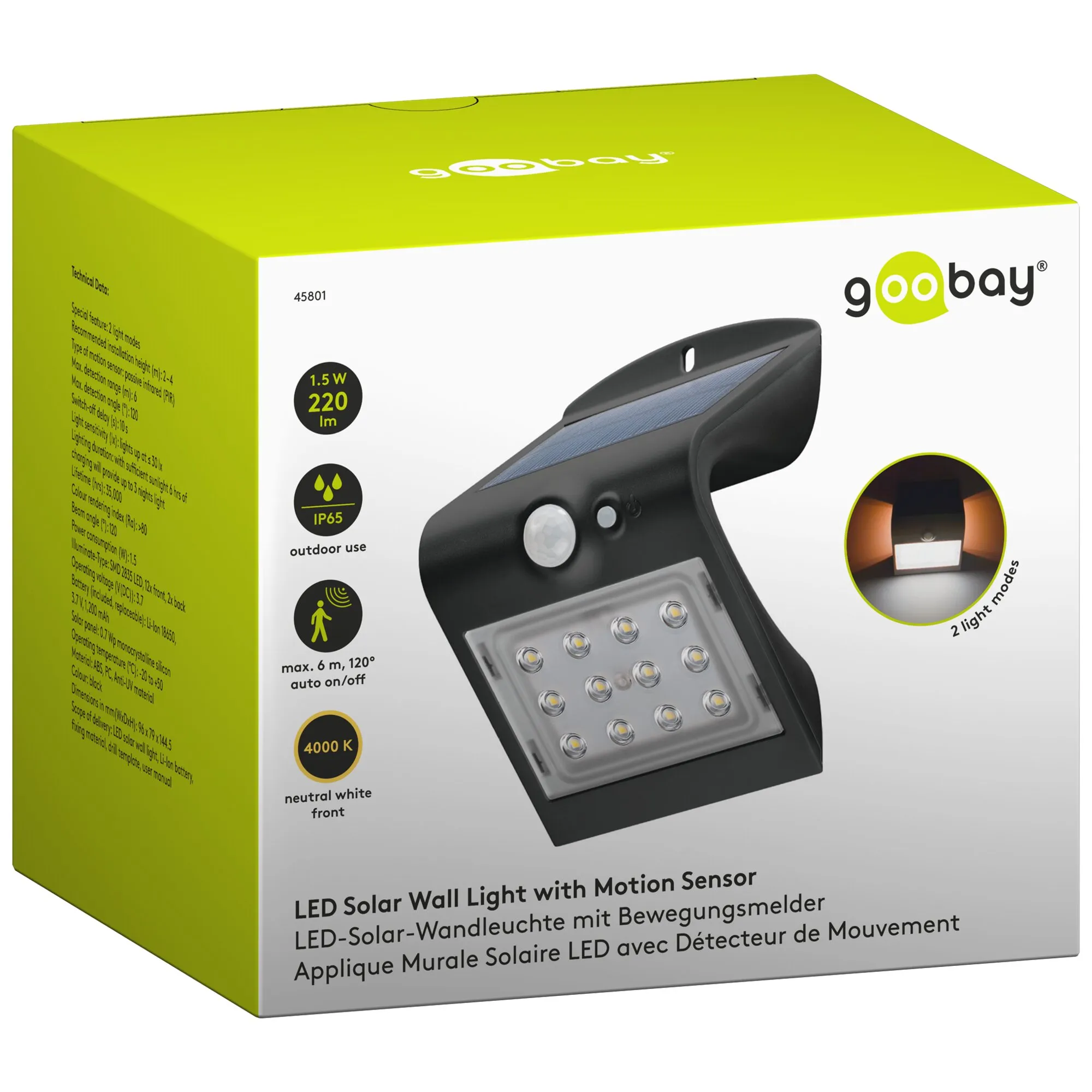 Goobay LED-Solar-Wandleuchte in Schwarz mit Solarpanel, Bewegungsmelder und LED-Lichtfeld auf der Verpackung