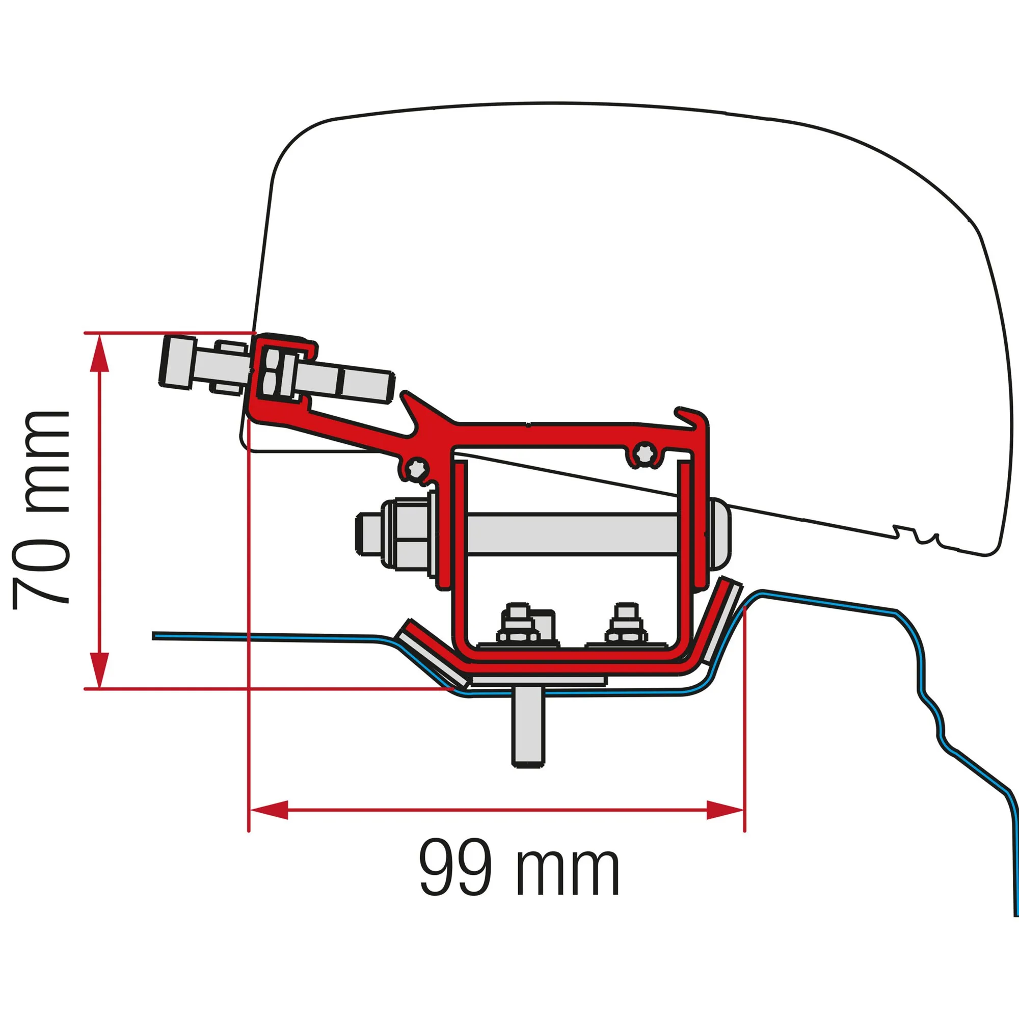 Technische Seitenansicht des roten Markisenadapter-Kits für Renault Trafic L2 ab 2014 mit Maßangaben 170 mm und 99 mm