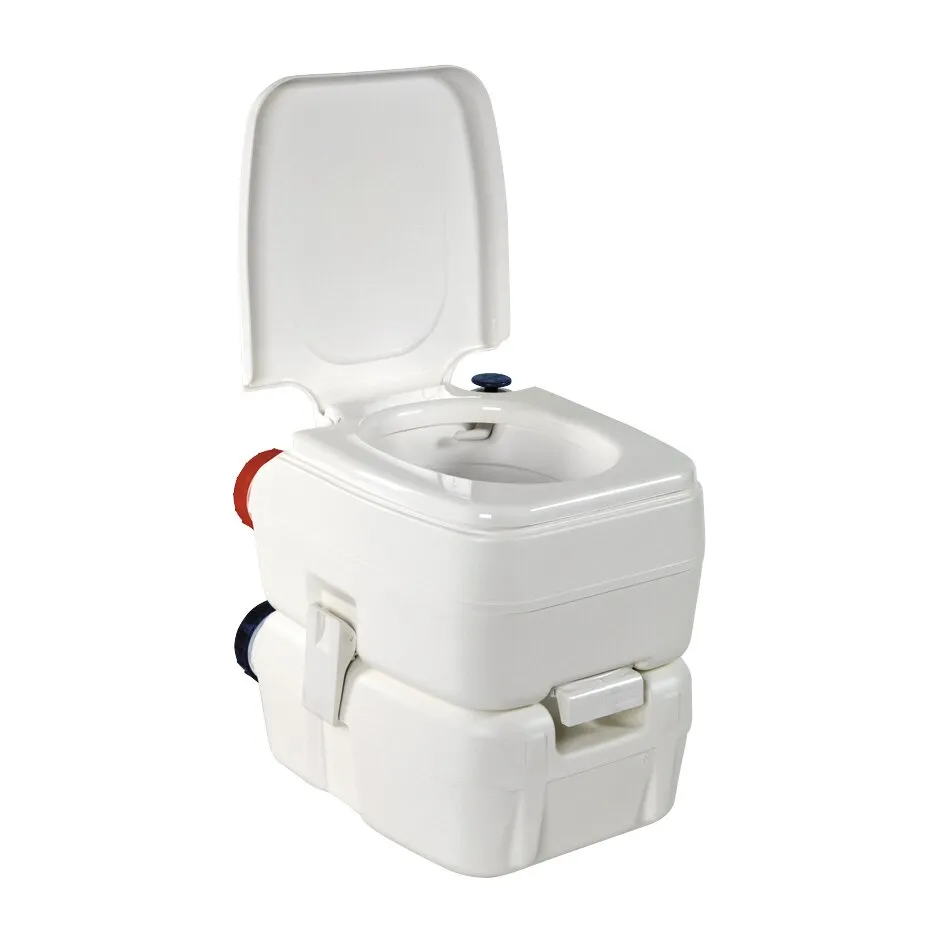Tragbare weiße BI-POT-Toilette mit offenem Deckel, Sitzöffnung, Spülknopf und abnehmbarem Unterbehälter