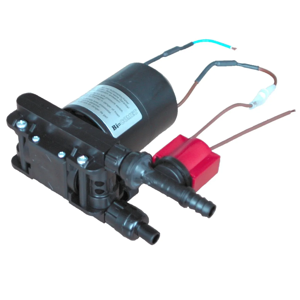 Schwarze selbstansaugende Druckpumpe mit zylindrischem Motor, rotem Pumpengehäuse, Anschlüssen und Anschlusskabeln
