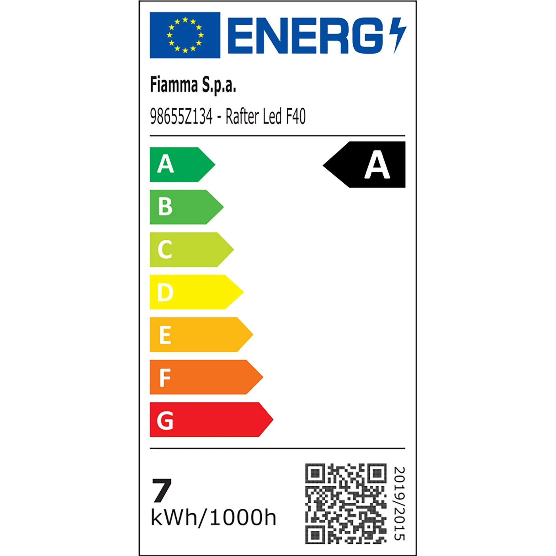 EU-Energielabel für Fiamma Rafter LED F40 mit Energieeffizienzklasse A und Verbrauch von 7 kWh pro 1000 Stunden