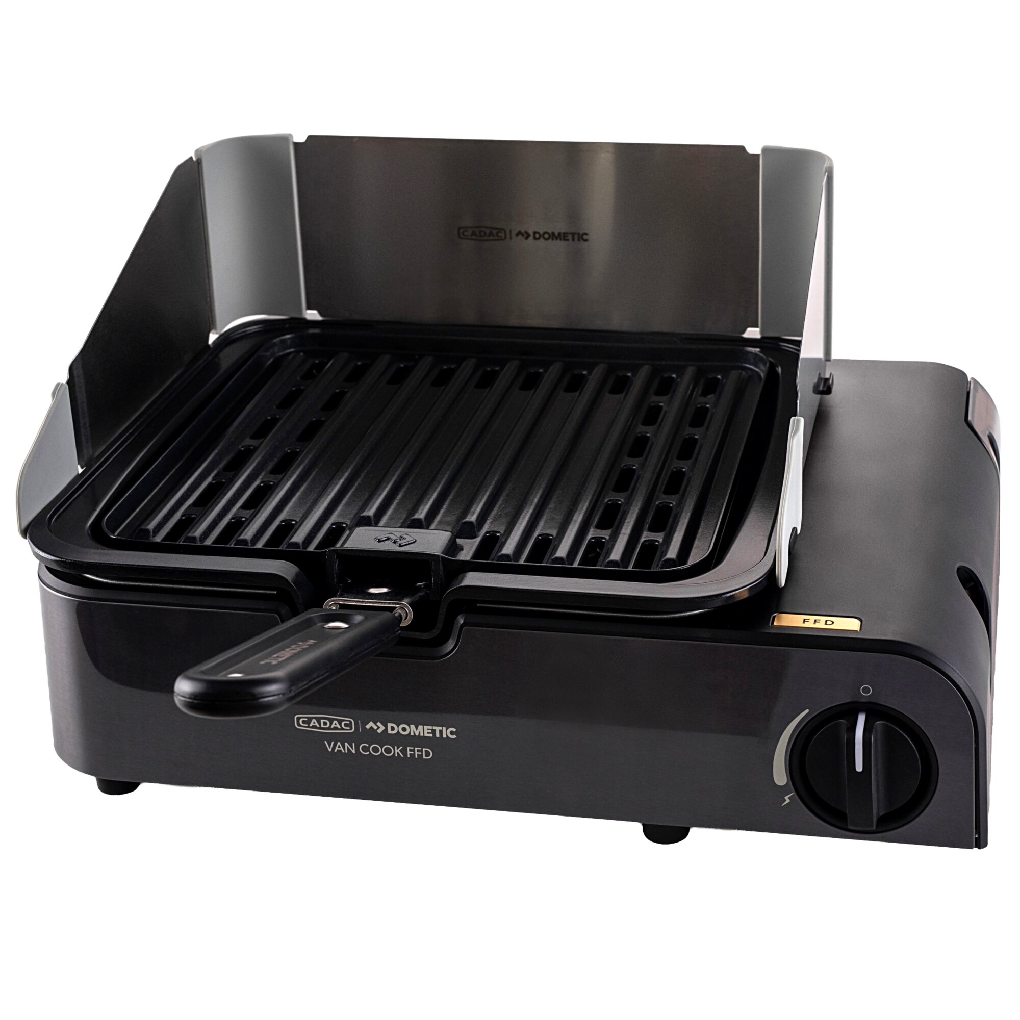 Offener Van Cook FFD Campingkocher: grillrost aus Metall, schwarzes Gehäuse, silberne Seitenverkleidungen, runder Bedienelement rechts, CADAC DOMETIC Logo