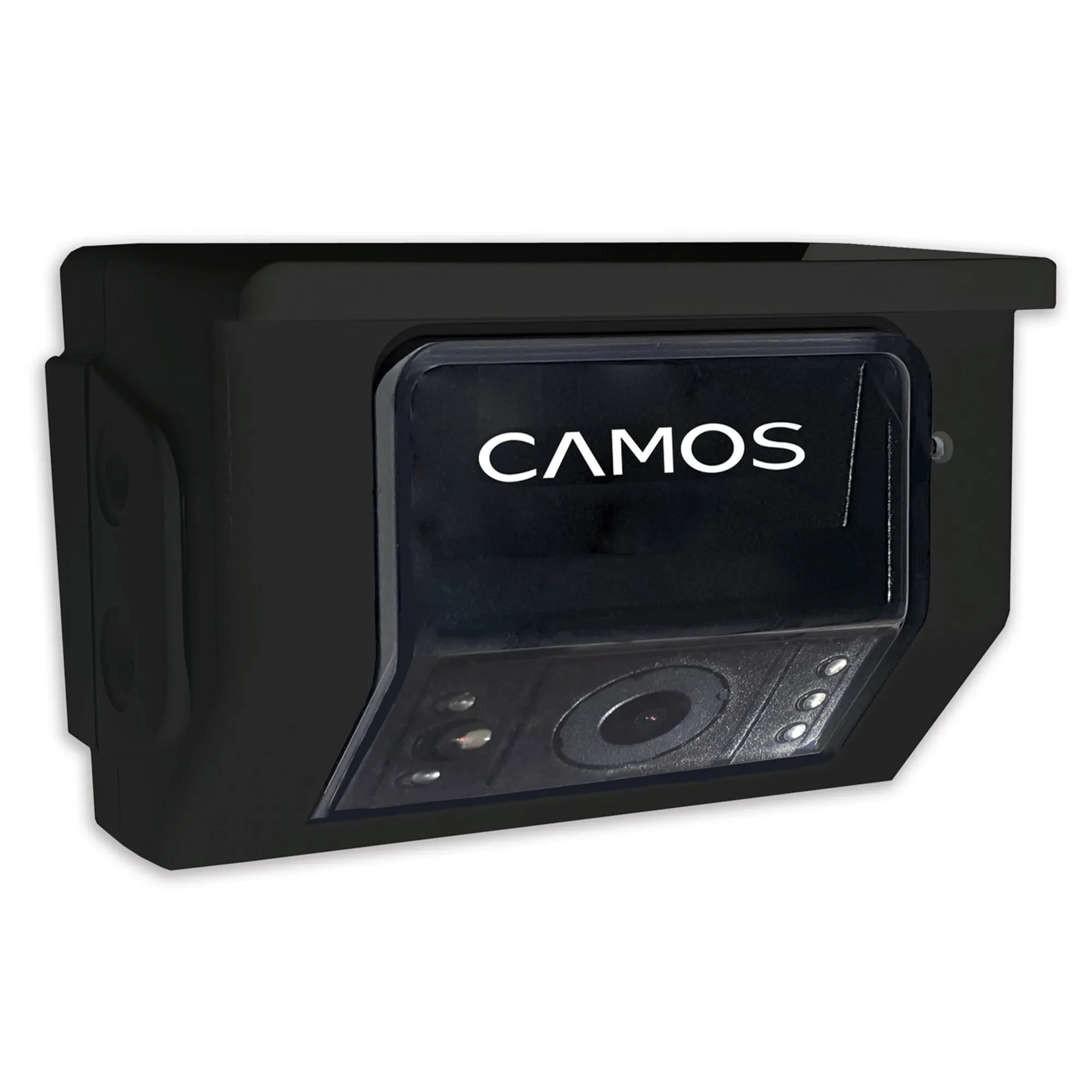 Schwarze Camos CM-510 Rückfahrkamera mit rechteckigem Gehäuse, sichtbarem Objektiv und LED-Leuchten, Frontansicht