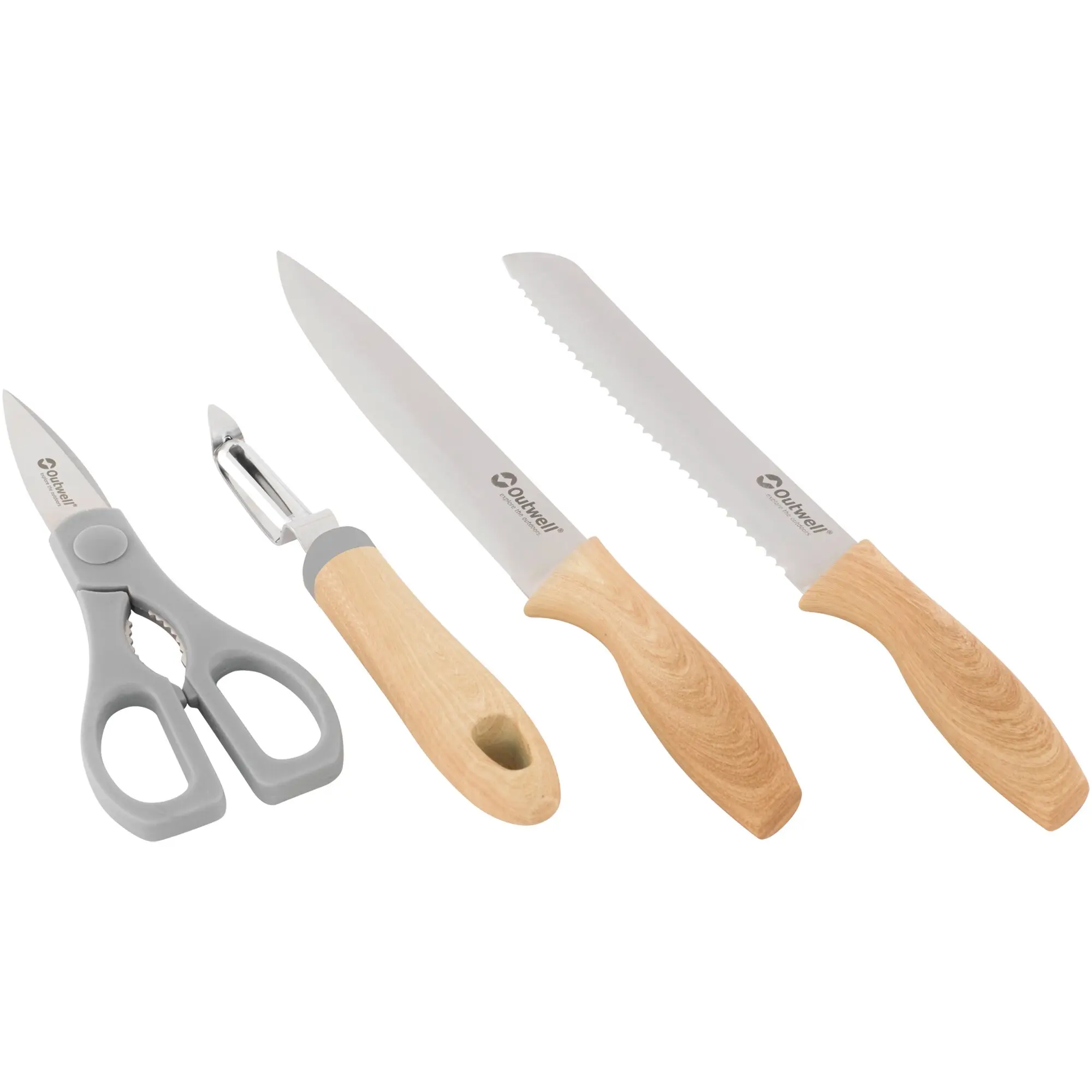 Mehrteiliges Küchenset mit Holzgriffen: Messer mit glatten und gezackten Klingen sowie eine graue Küchen-Schere, Outwell-Logo sichtbar