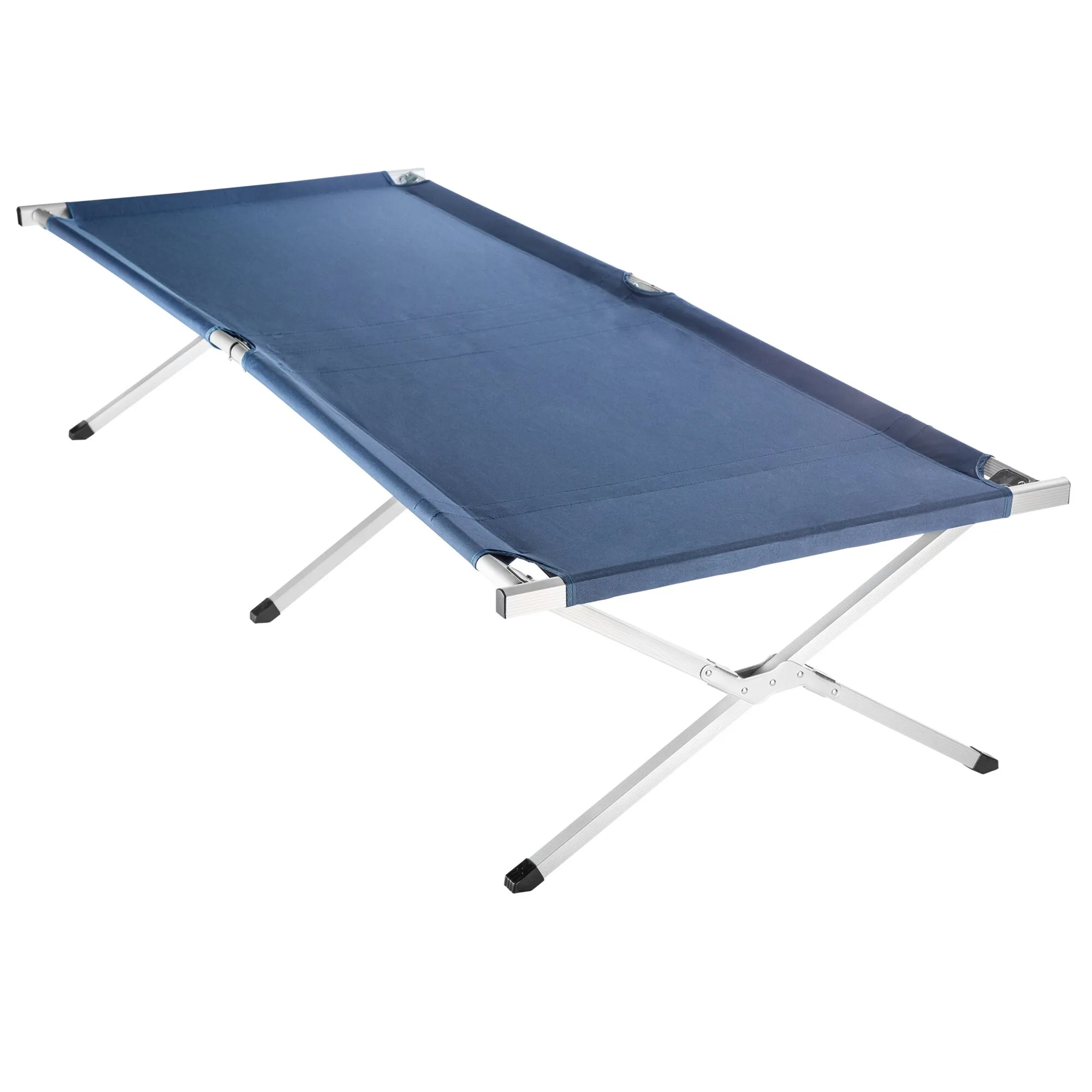 Blaues Feldbett Silvi XL mit rechteckiger Liegefläche aus Stoff und klappbarem silberfarbenem Aluminiumgestell
