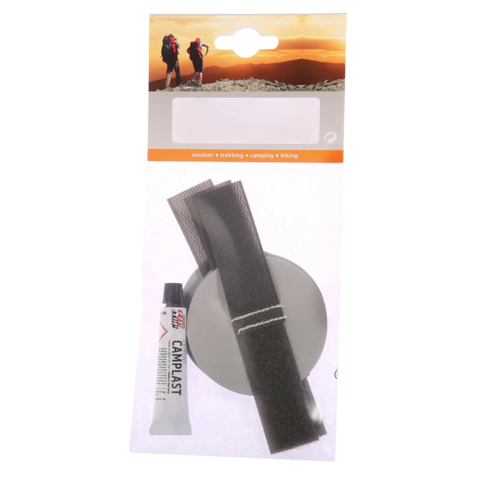 Grauer Zeltstabbefestiger mit breitem Klettband, runder Befestigungsplatte und Klebstofftube in Verpackung