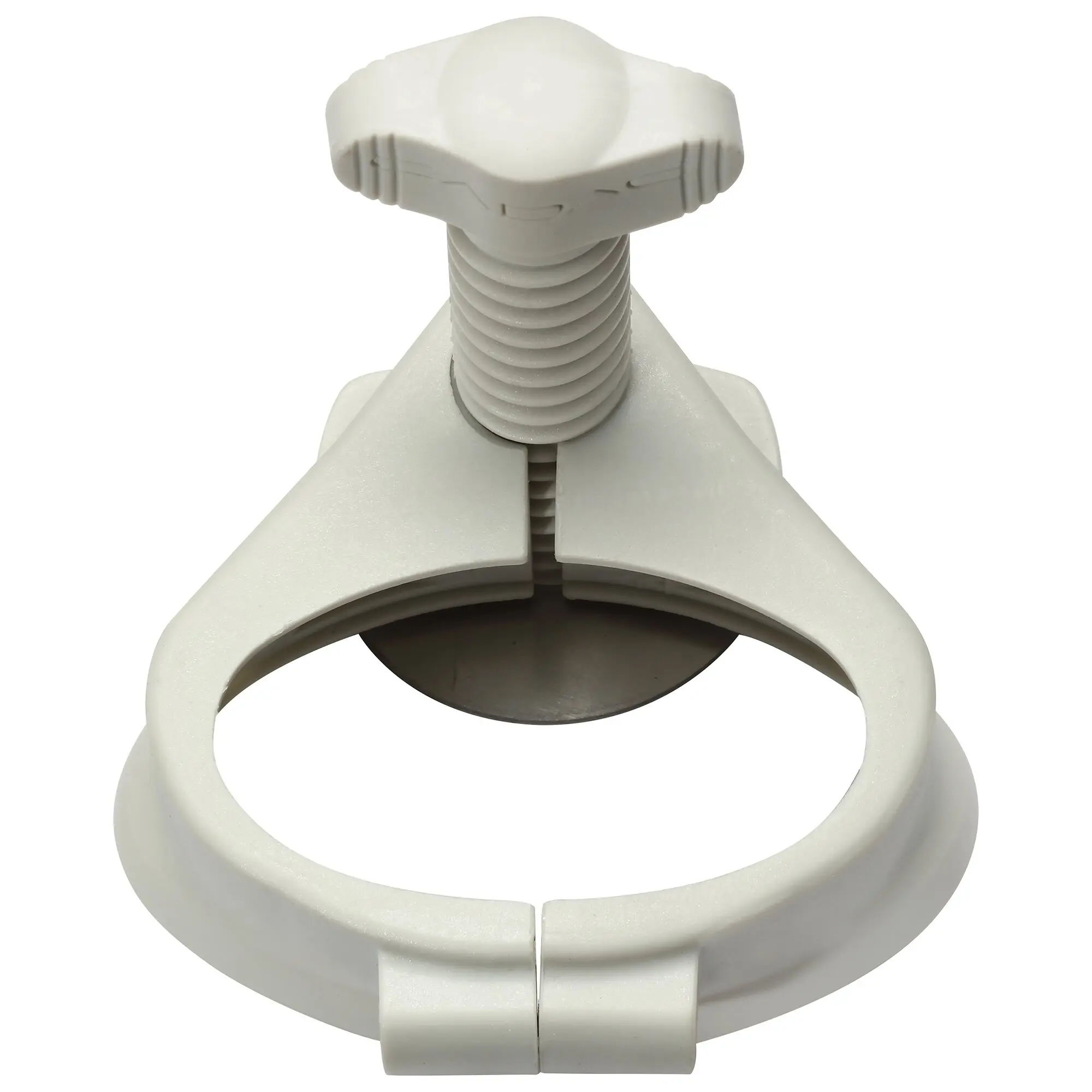Beinadapter Leg Leveller für Carri Chef aus hellem Kunststoff, Nahaufnahme eines gewindeten Stiels mit Rundklemmring und seitlichen Rippen