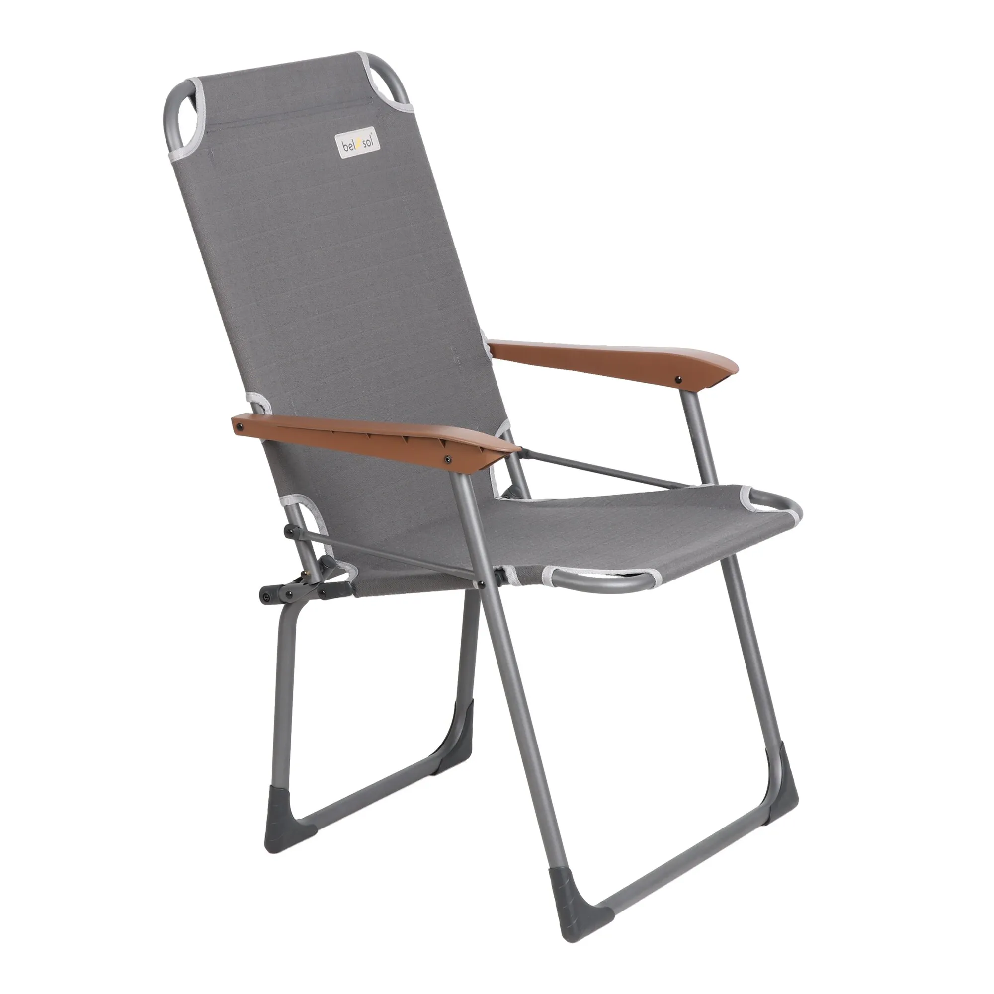 Campingstuhl Caro in Grau mit verstellbarer Rückenlehne, braunen Armlehnen und stabilem Metallgestell