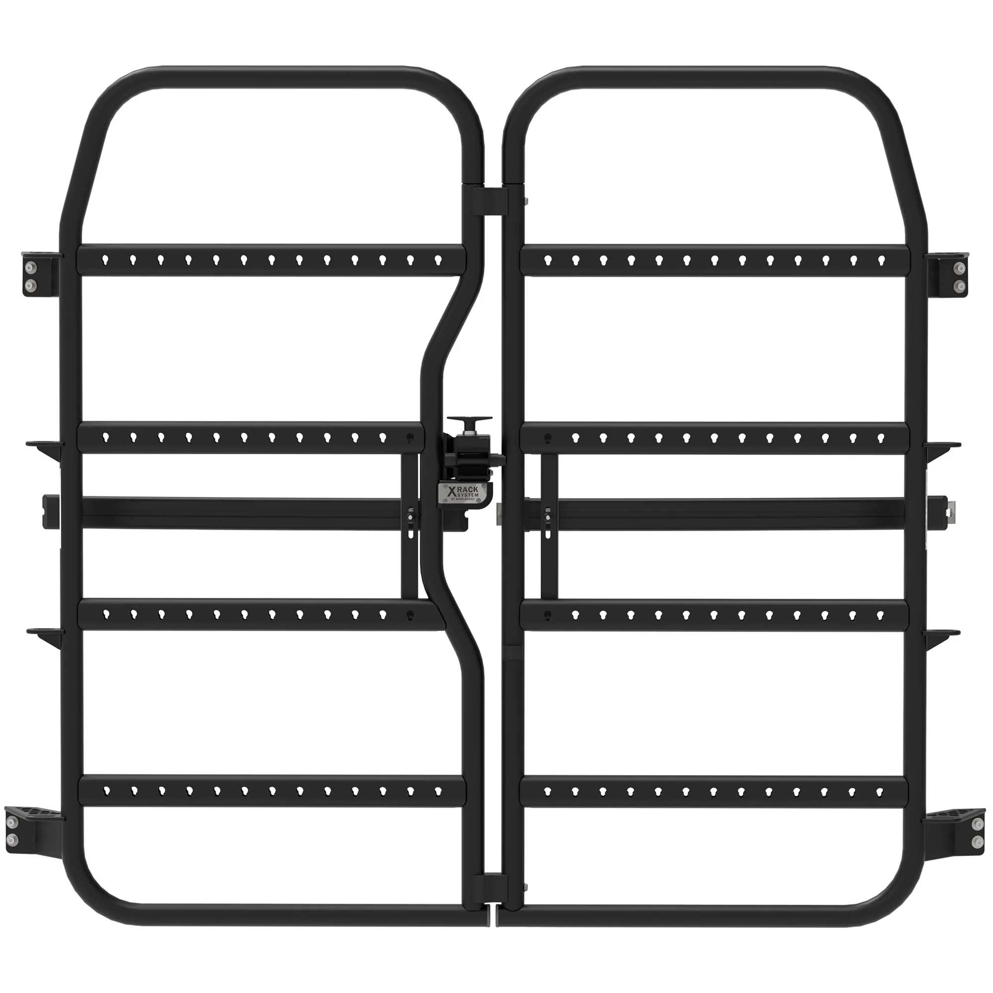 Schwarzer Grundrahmen X-Rack Base aus zwei Seitenelementen mit Querstreben und Befestigungspunkten für Sprinter und Crafter