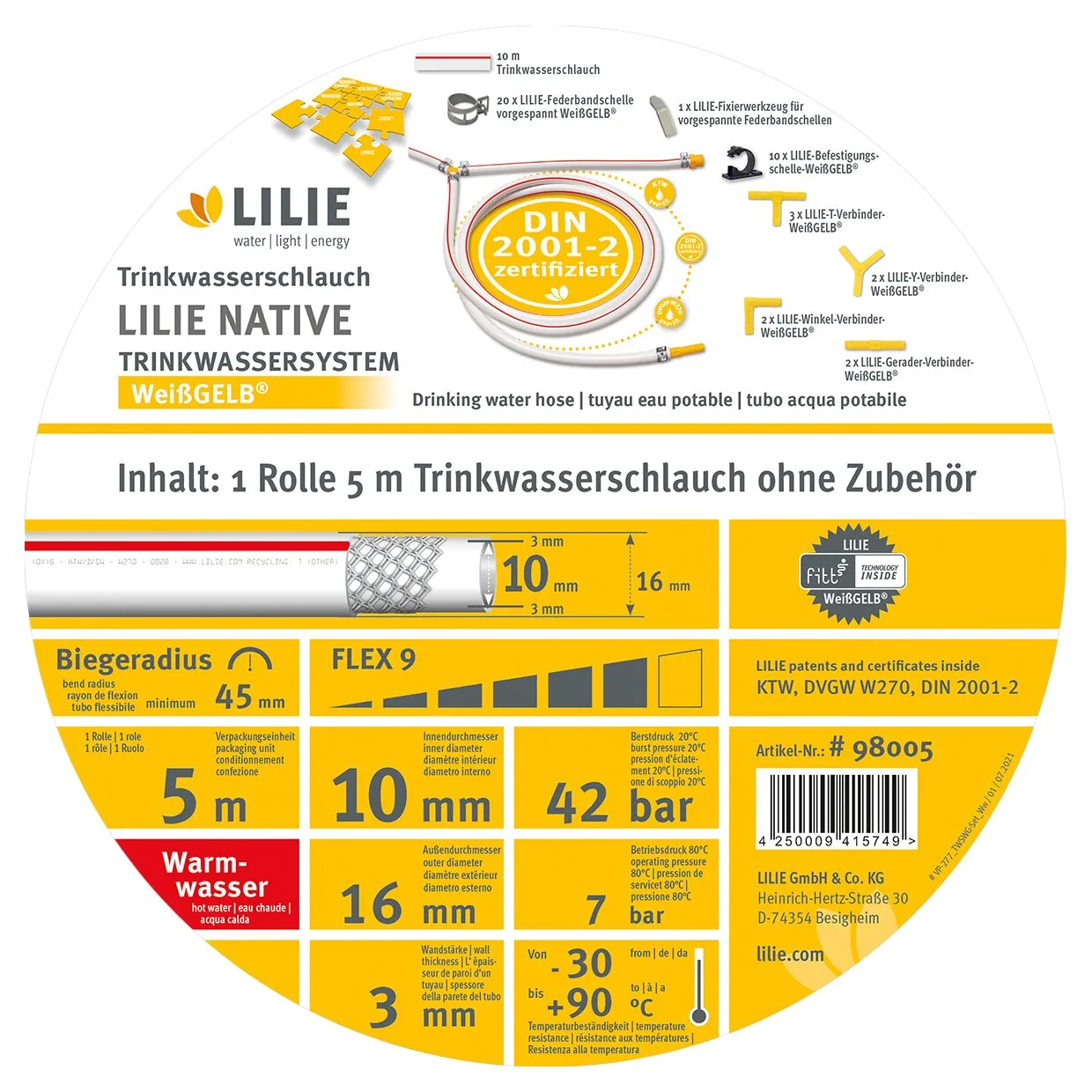 Rundes Produktetikett für den weißen LILIE-Trinkwasserschlauch WeißGELB, 5 m lang, 10 x 16 mm, mit technischen Angaben