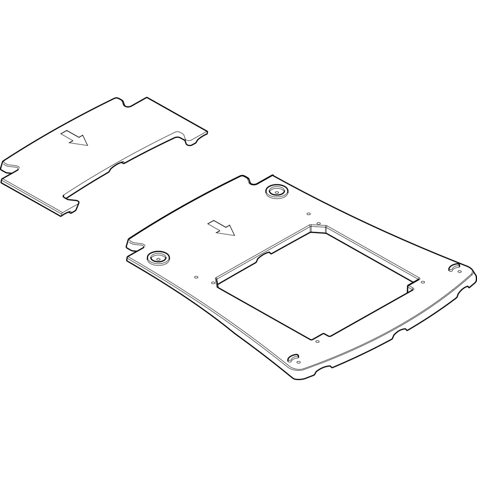 Zwei flache Metall-Adapterrahmen mit Aussparungen und Befestigungslöchern, Orientierungspfeil sichtbar, MB Sprinter Aventa comfort 2. Generation