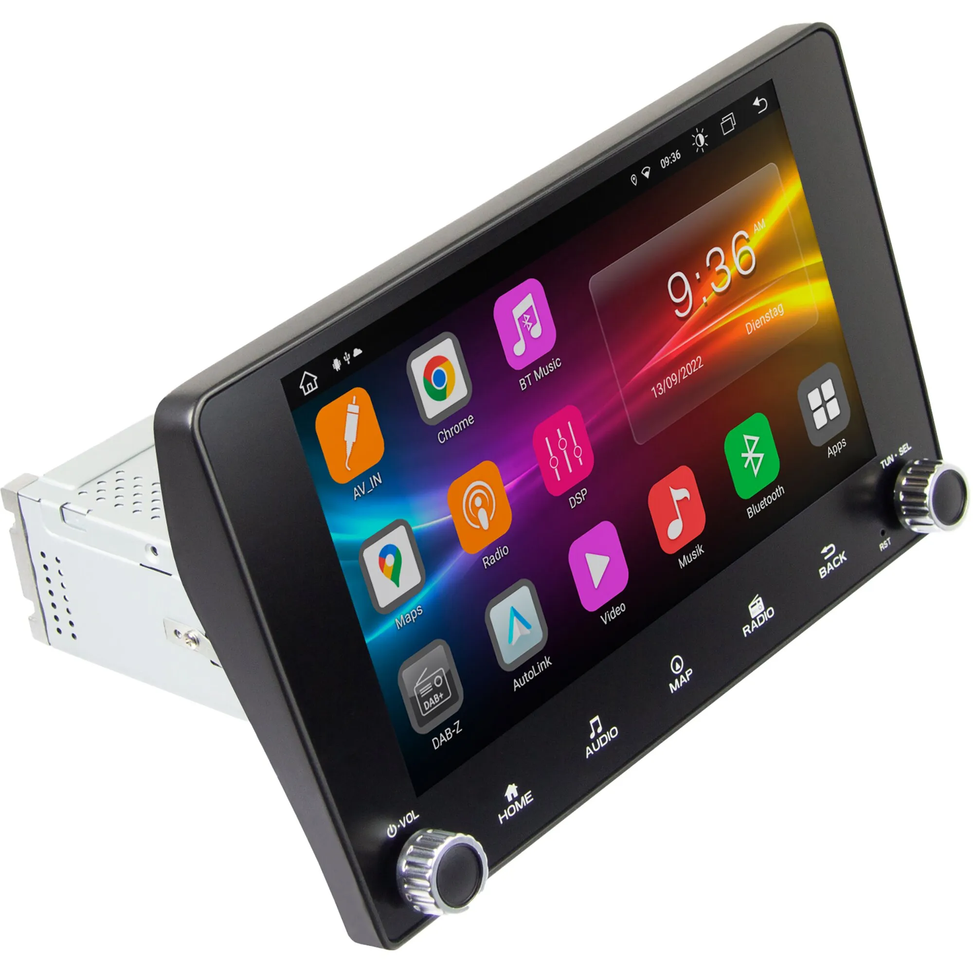 ESX Vision VNC940 TRC 4G Navigationssystem mit schwarzem Touchscreen, Drehreglern und sichtbaren Apps für Navigation, Musik und Radio