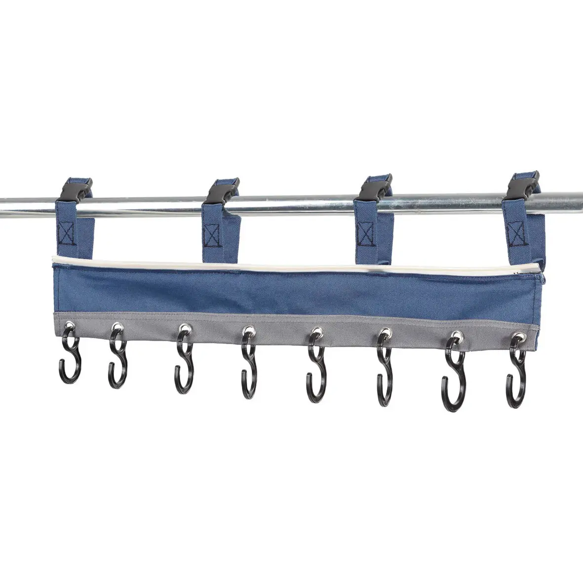 Hakenleiste Arial mit vier blauen Stoffschlaufen und Clips an einer Stange, darunter blau-graue Stofftasche mit acht Haken nach unten