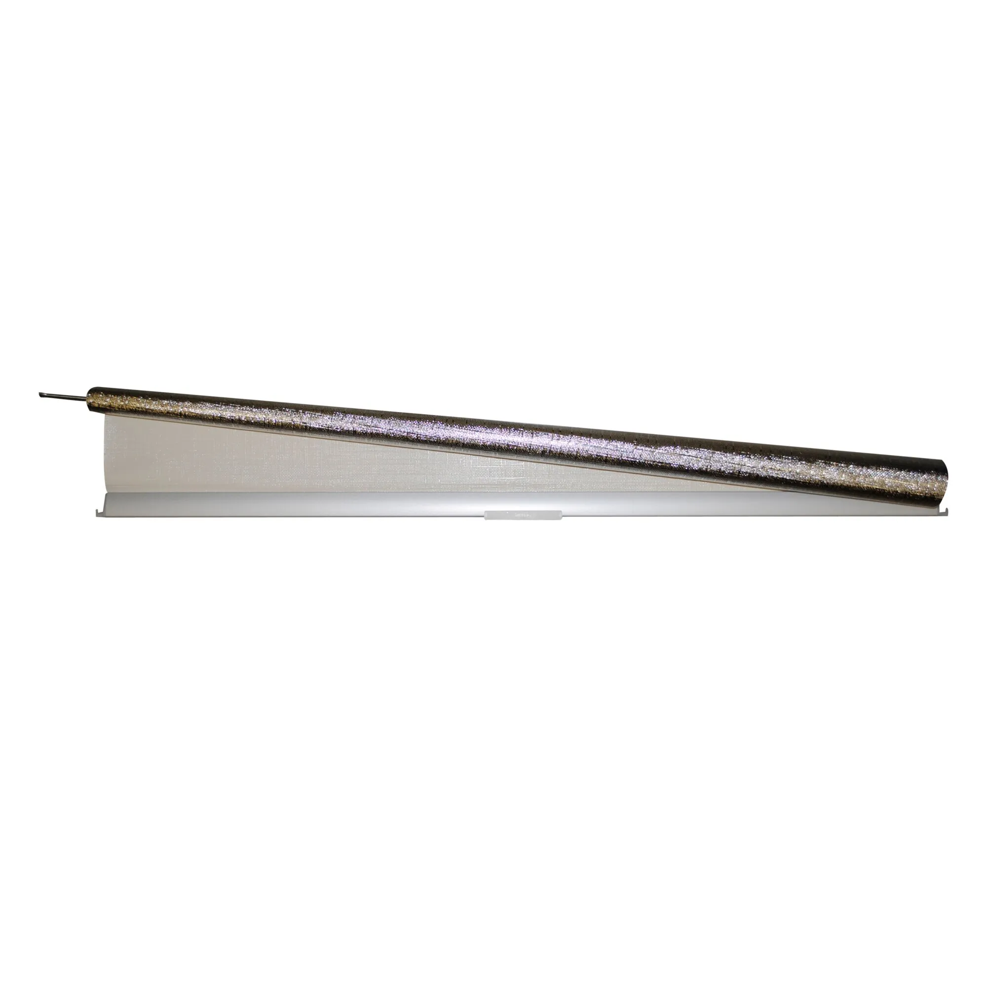 Verdunkelungsrollo in Alu-Beige mit silberner Rückseite, aufgerollt mit Halterung und unterer Abschlussleiste, 1830 × 800 mm