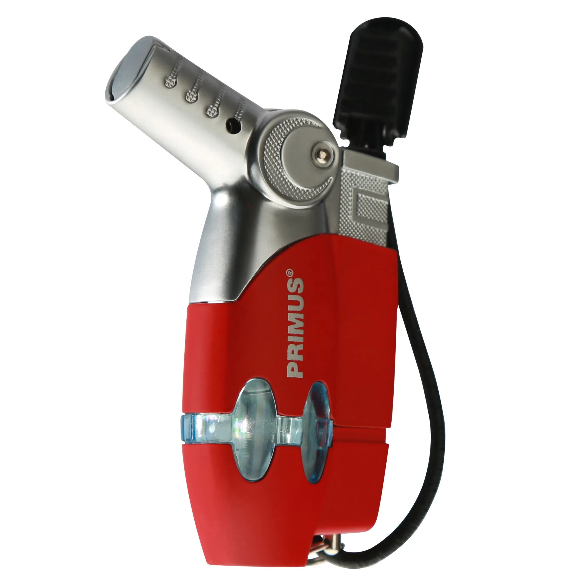 Rotes Primus Power-Lighter-Sturmfeuerzeug mit silbernem Brennerkopf, schwarzer Schutzkappe, Zündrad und Trageschlaufe
