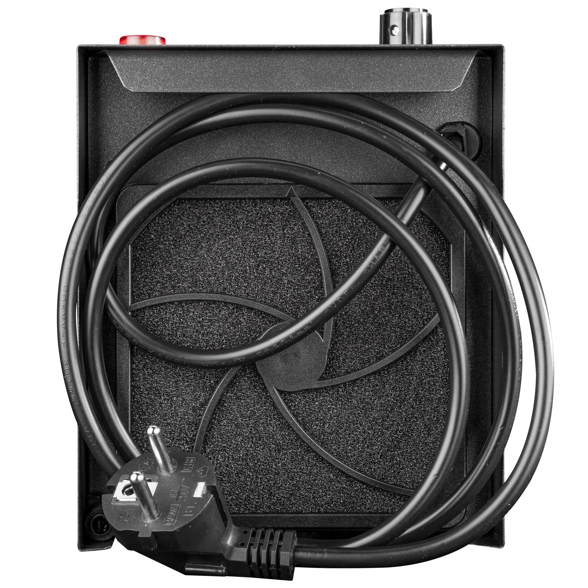 Rückansicht des schwarzen Heizgeräts Ecomat 2000 Classic mit Lüftungsgitter, aufgewickeltem Stromkabel und Stecker