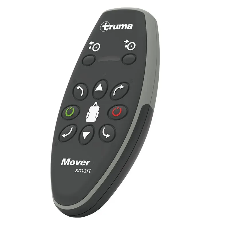 Fernbedienung Mover smart von Truma, dunkles Gehäuse mit grauer Randkante; Pfeil-Navigation, Schloss-Symbol, grüne und rote Tasten