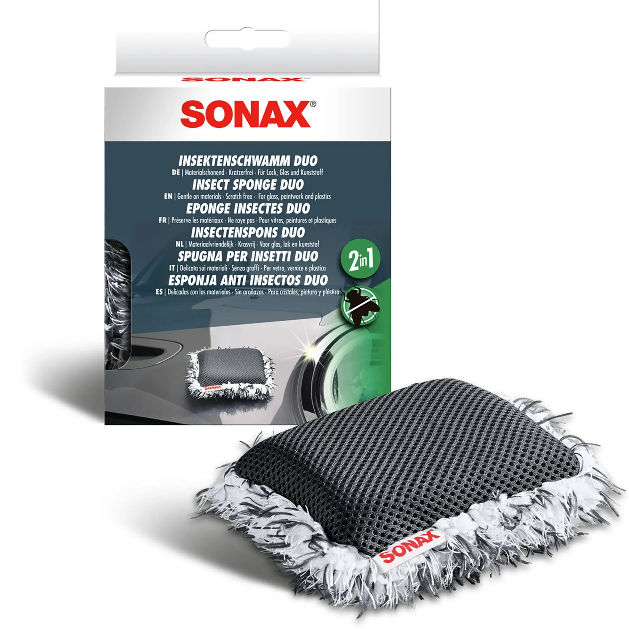 Verpackung des Insektenschwamm Duo von Sonax; rotes Logo, dunkelblaues Feld mit Insektenschwamm Duo und 2in1, daneben ein grauer Schwamm
