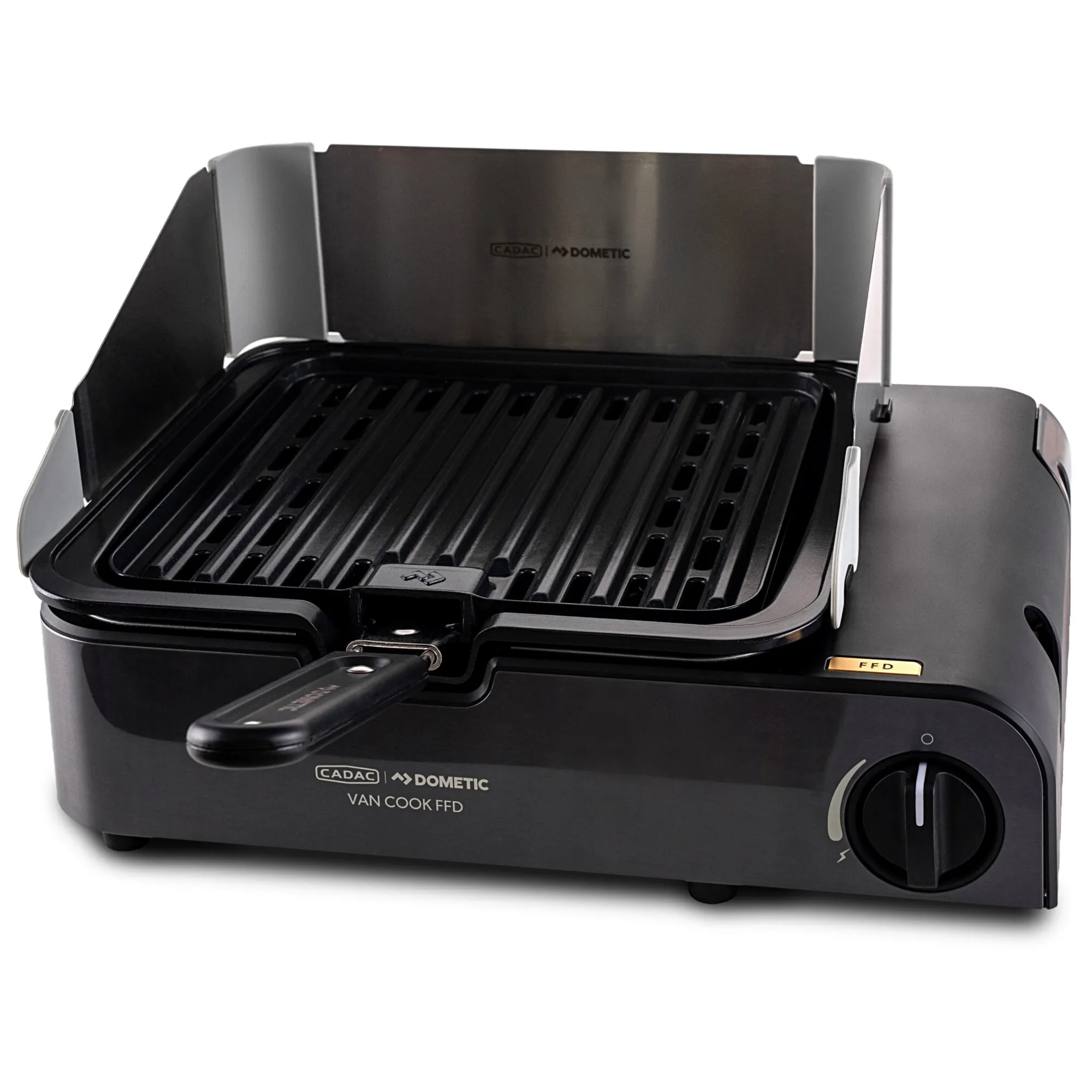 Schwarzer Campingkocher Van Cook FFD Combo von CADAC Dometic mit offenem Grillrost, Windschutz und Drehregler