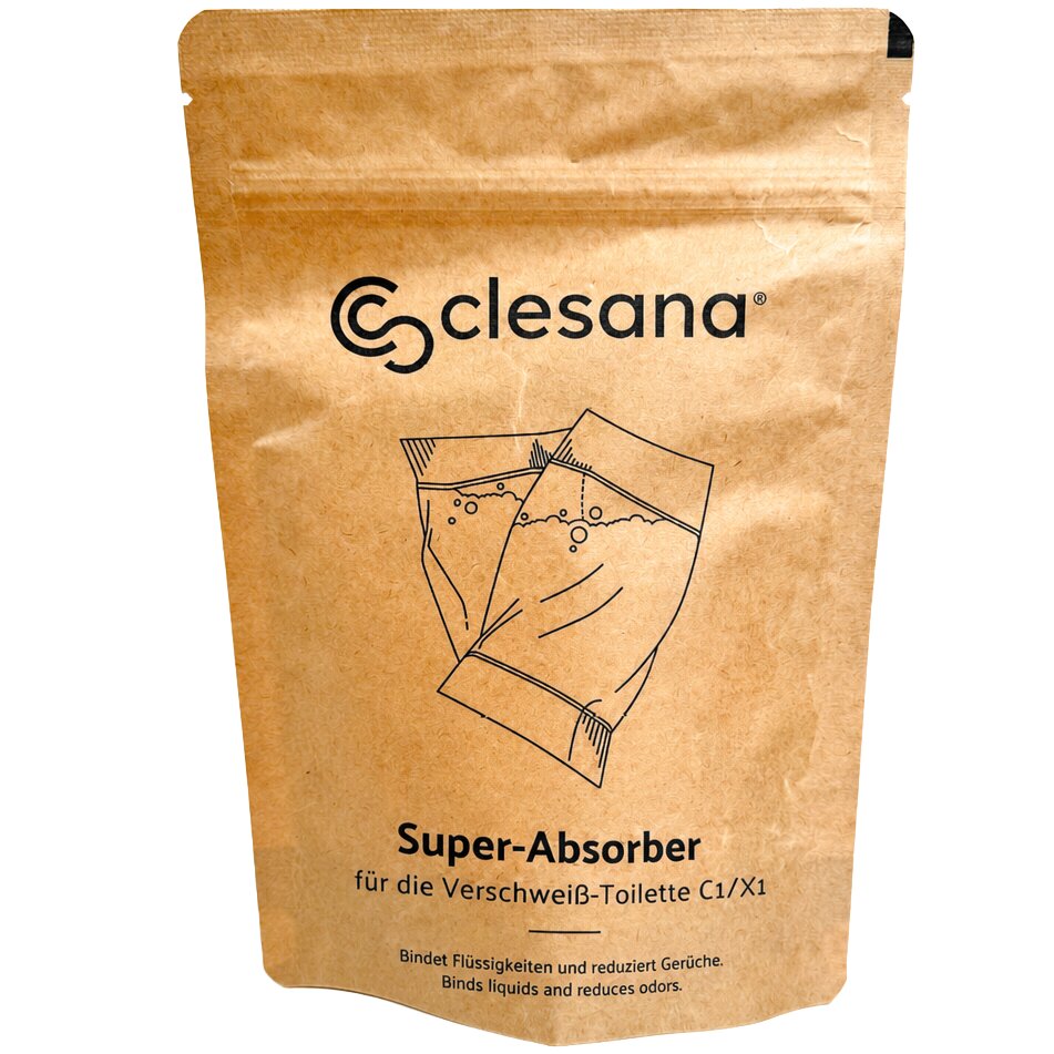 Braune Kraftpapier-Verpackung mit Clesana Logo und Illustration zweier Beutel, Text: Super-Absorber für die Verschweiß-Toilette C1/X1