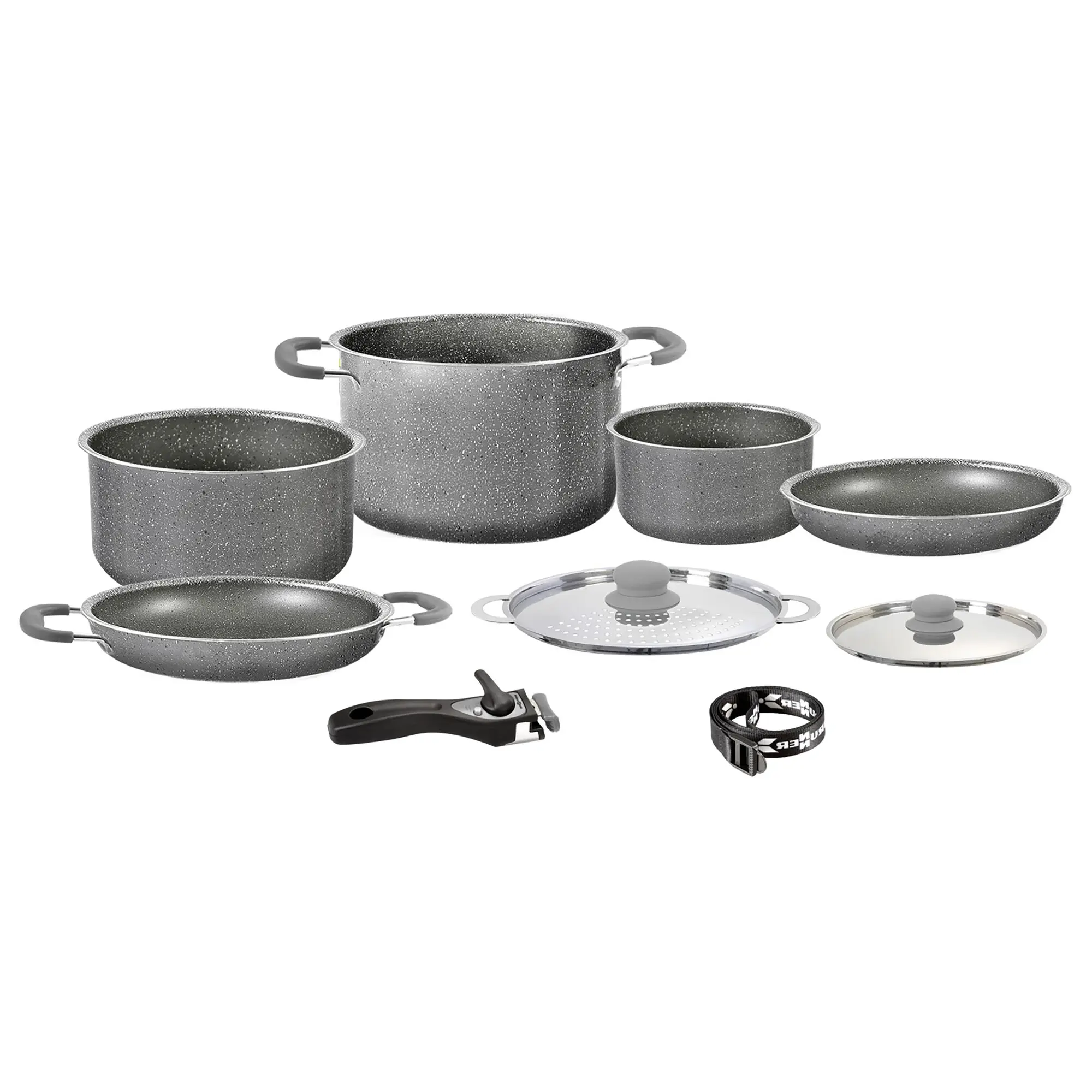Kochtopf-Set Gourmet Rock NG 8+1 mit mehreren grauen Töpfen unterschiedlicher Größe, Silikongriffen, Glasdeckeln, Dampfkorb und Zubehör