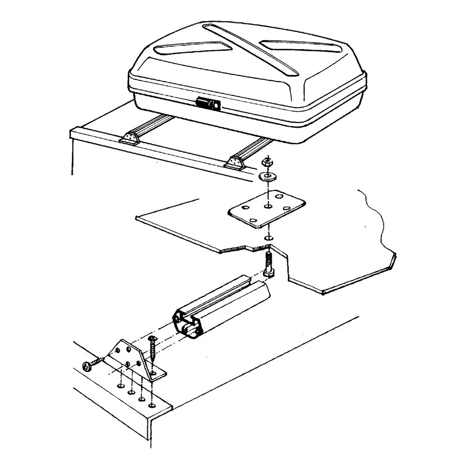 Explosionszeichnung eines Mounting Racks zur Befestigung einer Top-Box mit Schienen, Montageplatten und Schraubteilen an einer Fahrzeugklappe