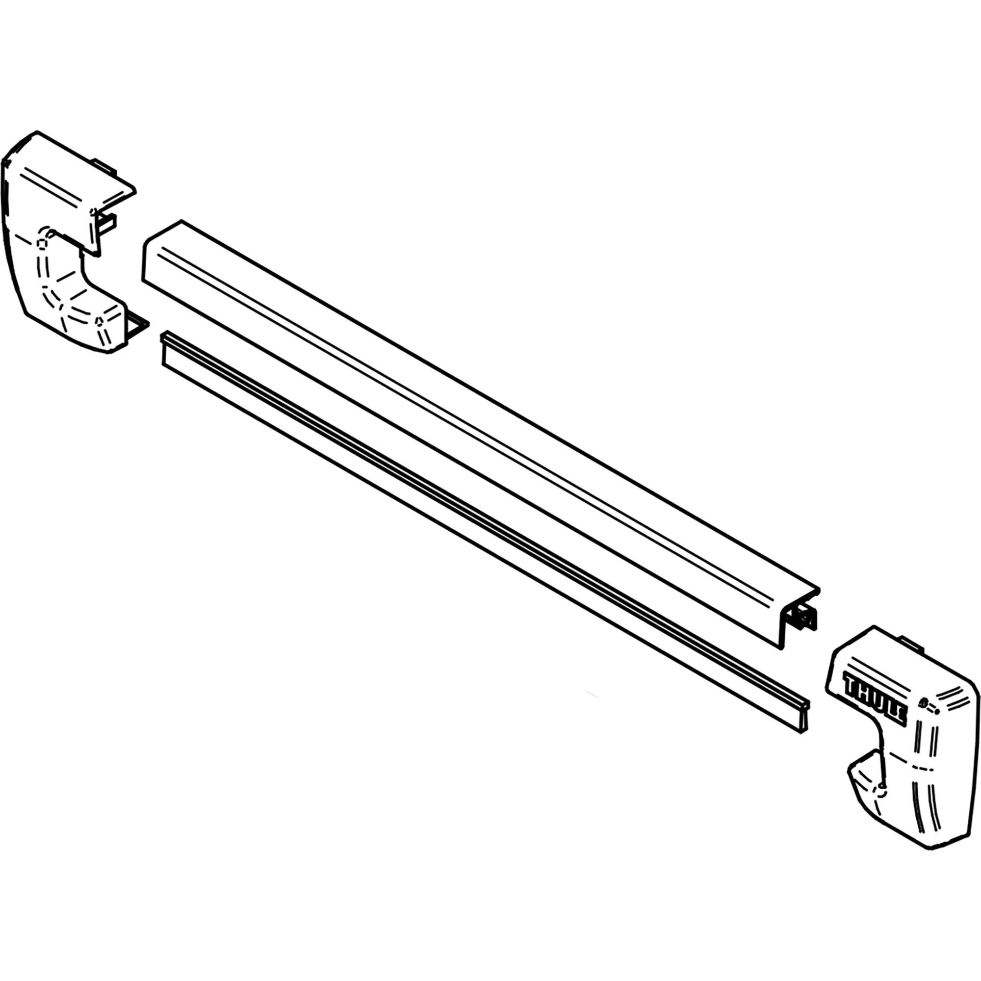 Thule Slide-Out G2 550 Schmutzschutz als technische Strichzeichnung mit zwei Endkappen und langer Führungsschiene