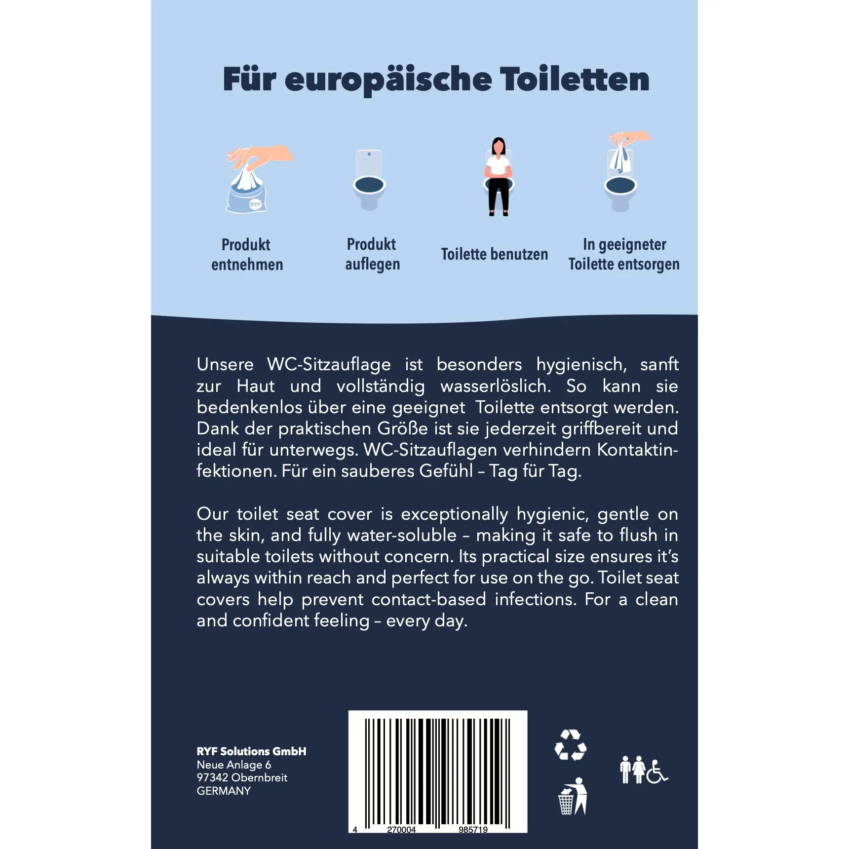 Infografik auf hellblauem Hintergrund erklärt vier Schritte zur Nutzung von WC-Sitzauflagen: entnehmen, auflegen, benutzen, entsorgen