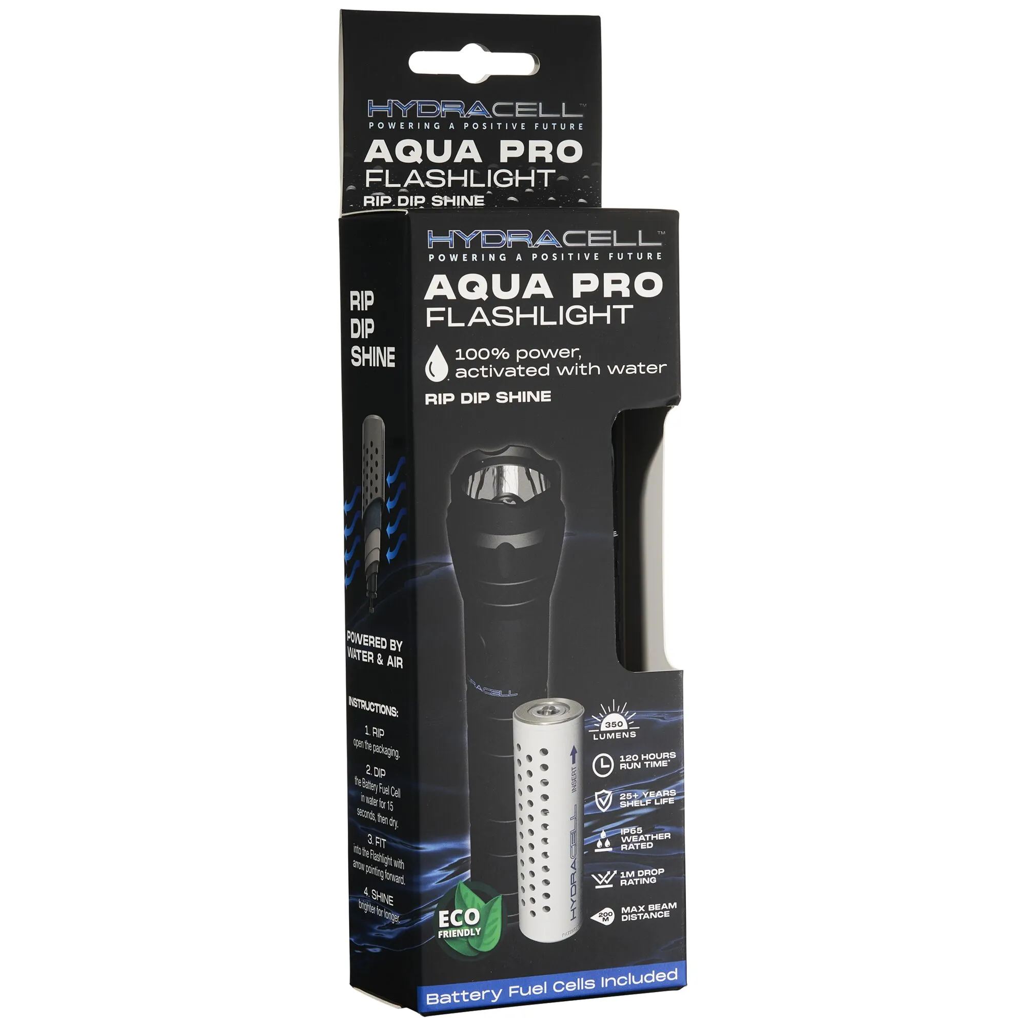 Verpackte schwarze Taschenlampe AQUA PRO von Hydracell mit sichtbarer Brennstoffzelle und Produktangaben auf der Verpackung