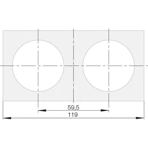 Technische Zeichnung eines 2-fach-Rahmens mit zwei runden Öffnungen, Gesamtbreite 119 mm und Achsabstand 59,5 mm